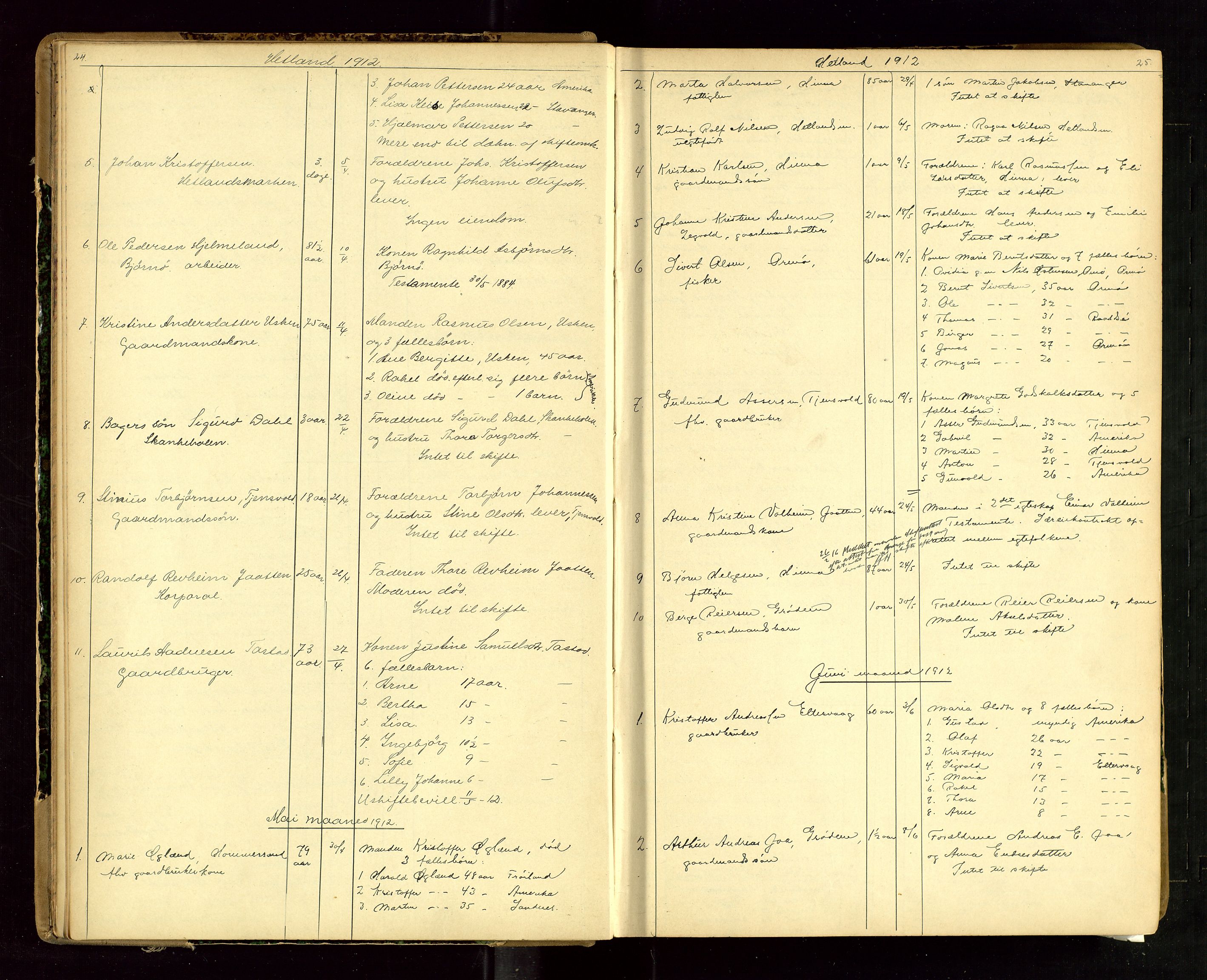 Jæren sorenskriveri, SAST/A-100310/01/5/52/52B/L0003: DØDSFALLPROTOKOLL, 1910-1916, p. 24-25