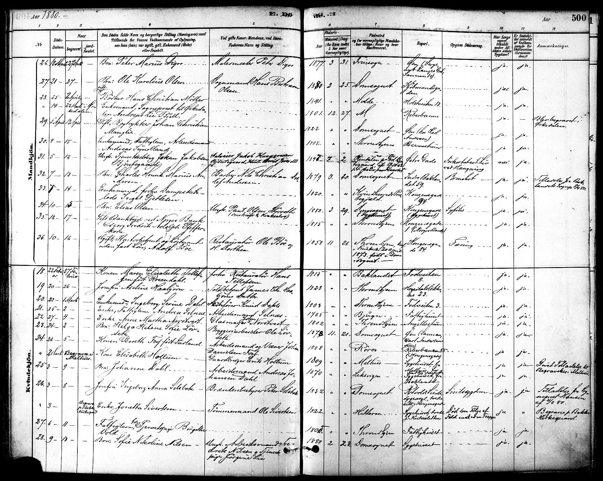 Ministerialprotokoller, klokkerbøker og fødselsregistre - Sør-Trøndelag, SAT/A-1456/601/L0058: Parish register (official) no. 601A26, 1877-1891, p. 500
