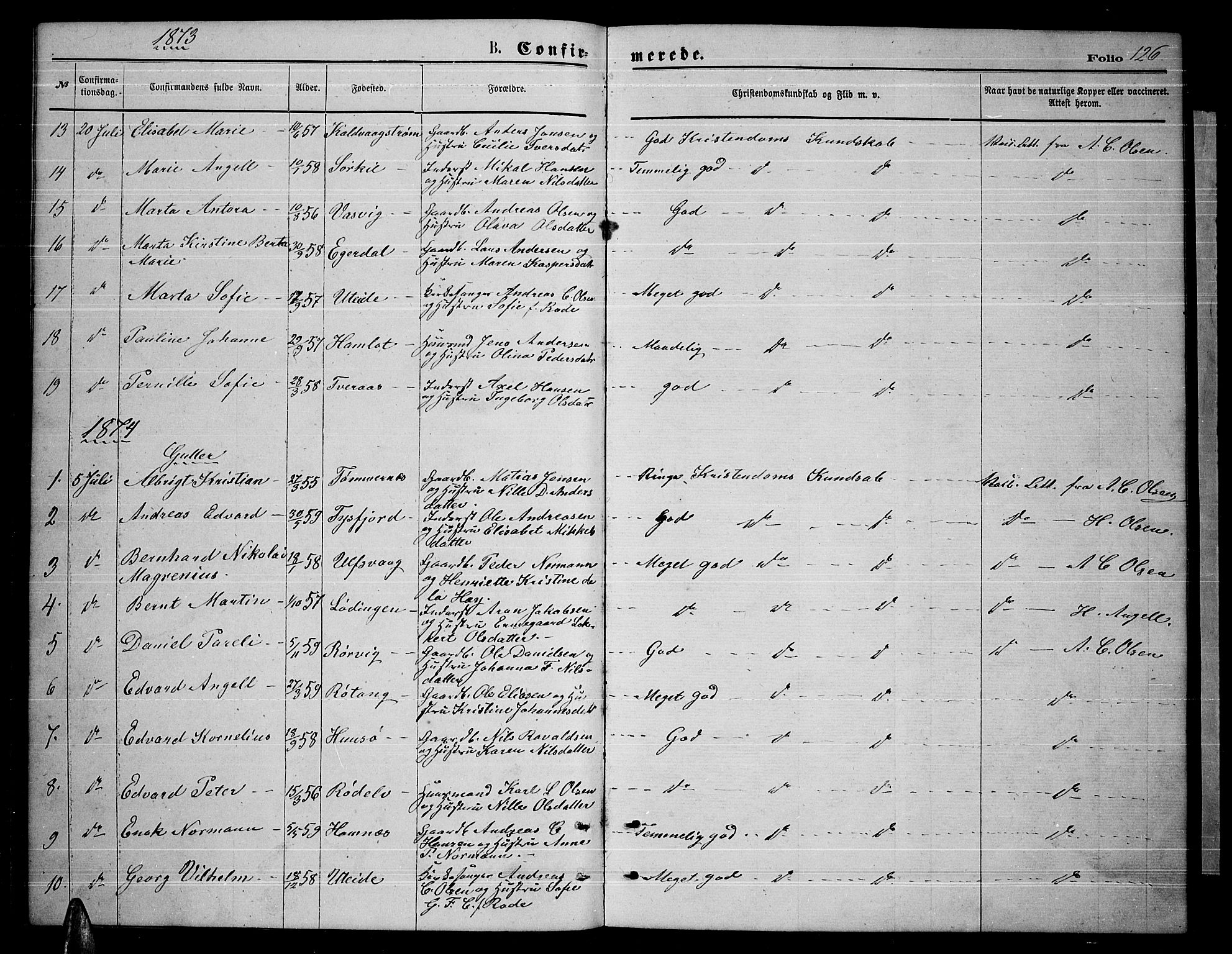 Ministerialprotokoller, klokkerbøker og fødselsregistre - Nordland, AV/SAT-A-1459/859/L0858: Parish register (copy) no. 859C04, 1873-1886, p. 126