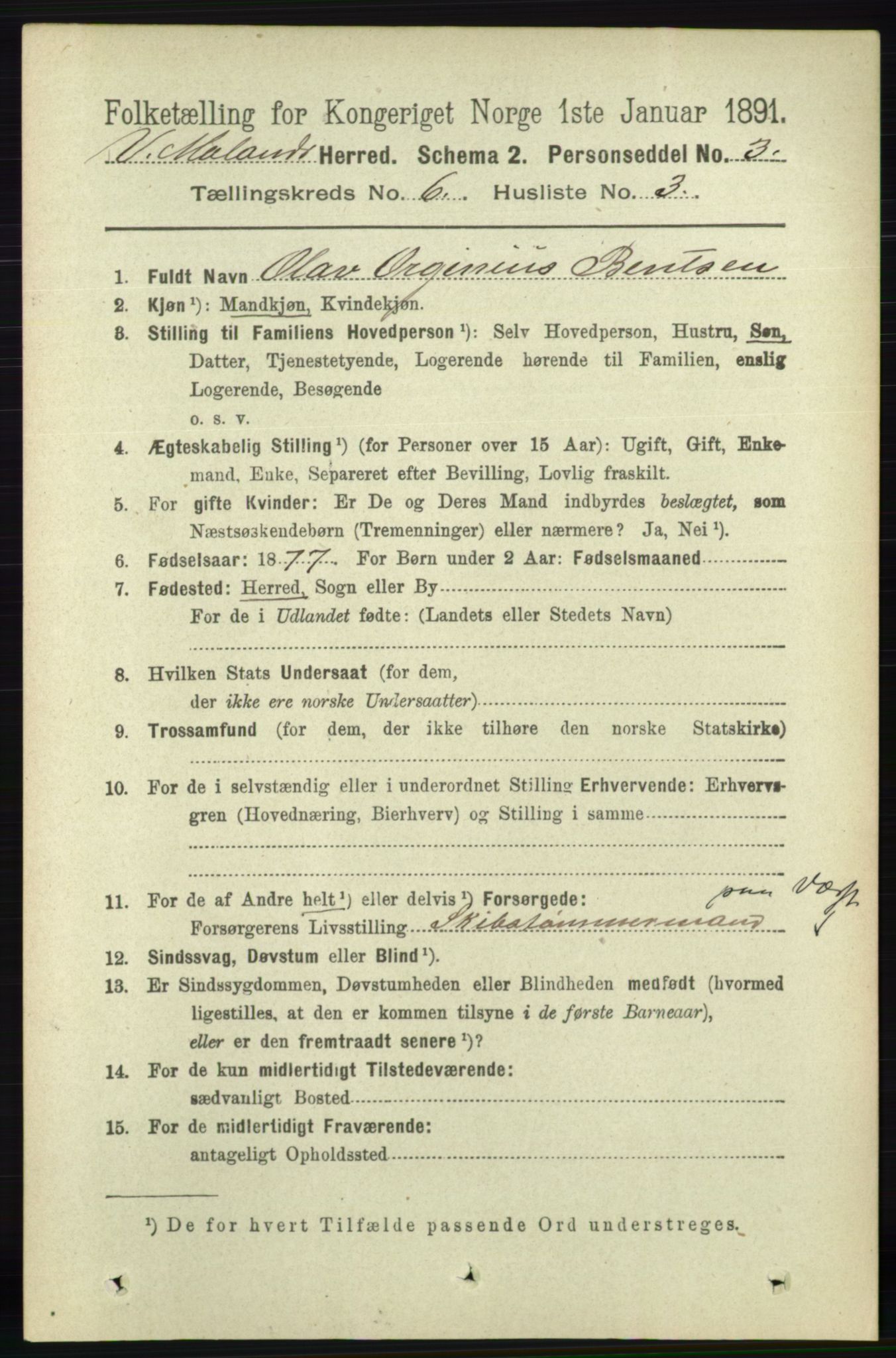 RA, 1891 census for 0926 Vestre Moland, 1891, p. 2359