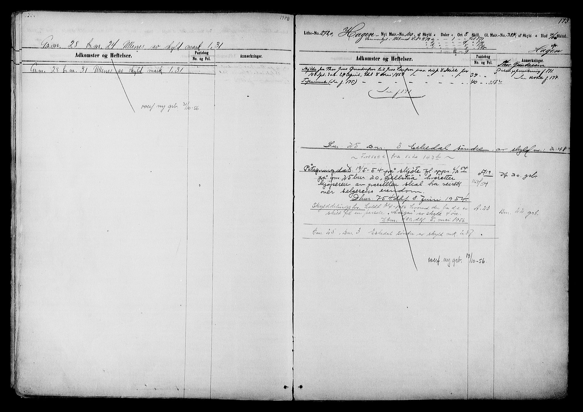 Vestre Nedenes/Sand sorenskriveri, SAK/1221-0010/G/Ga/L0015: Mortgage register no. 12a, 1770-1957, p. 173