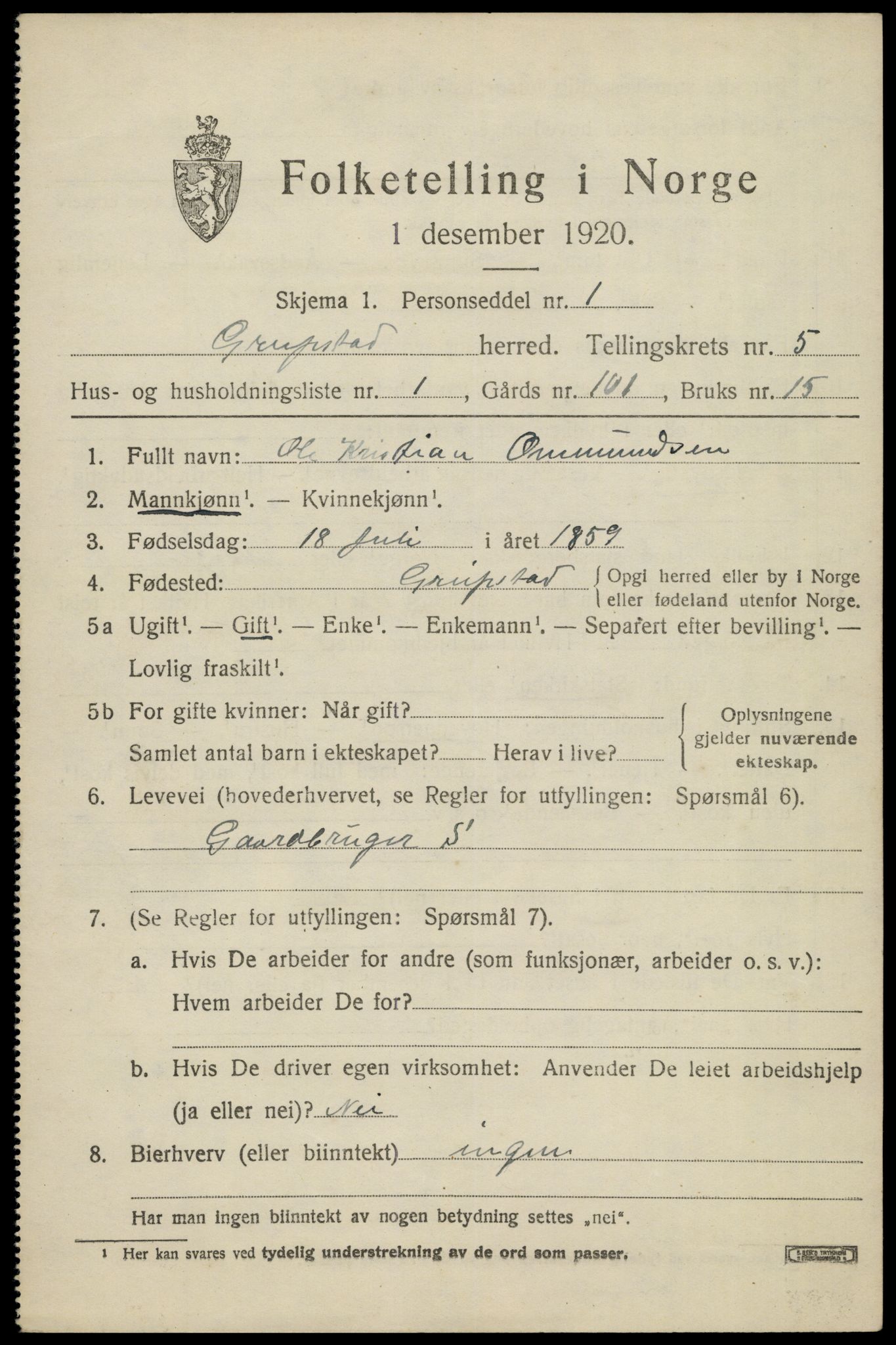 SAK, 1920 census for Greipstad, 1920, p. 1636