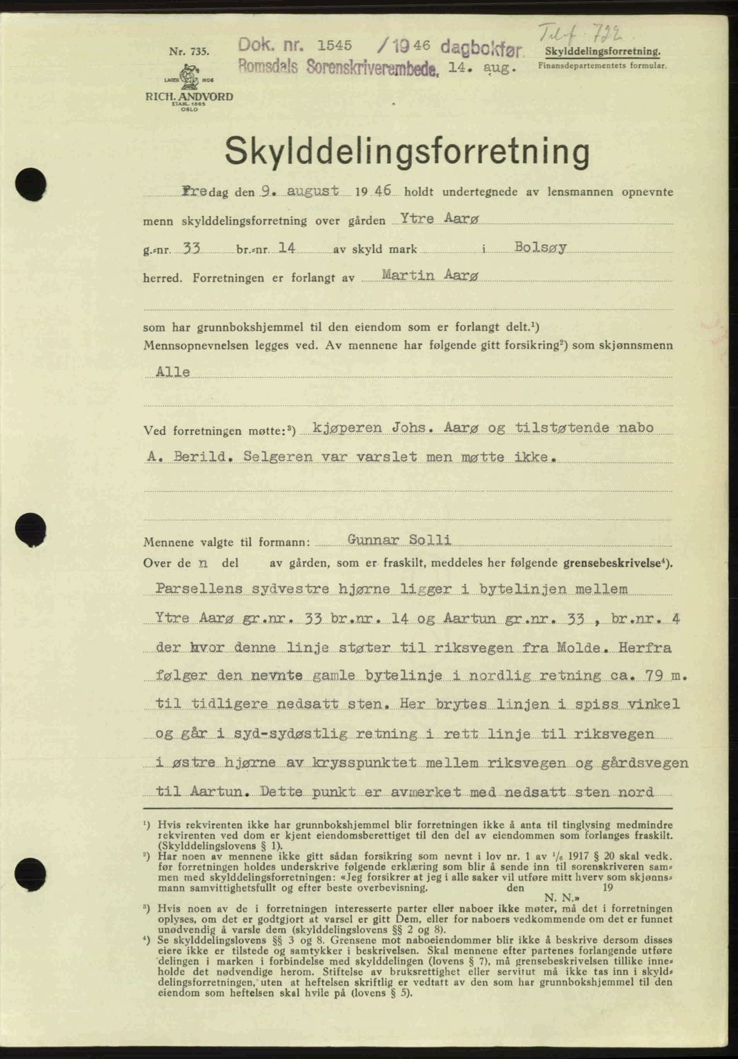 Romsdal sorenskriveri, AV/SAT-A-4149/1/2/2C: Mortgage book no. A20, 1946-1946, Diary no: : 1545/1946