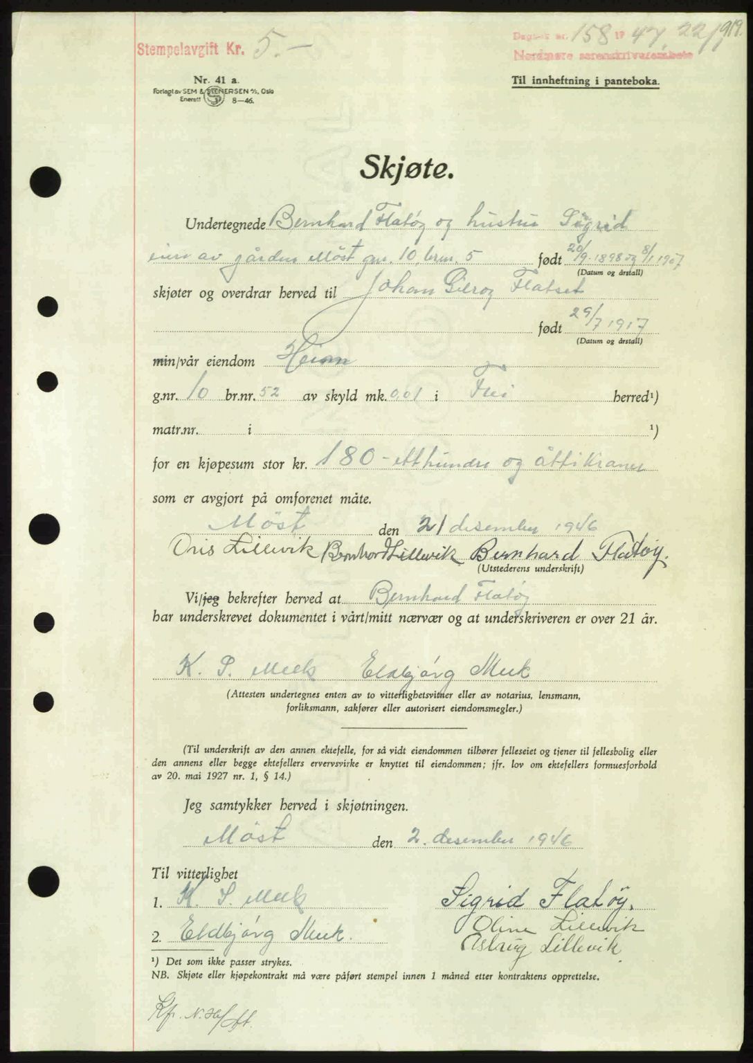 Nordmøre sorenskriveri, AV/SAT-A-4132/1/2/2Ca: Mortgage book no. A103, 1946-1947, Diary no: : 158/1947