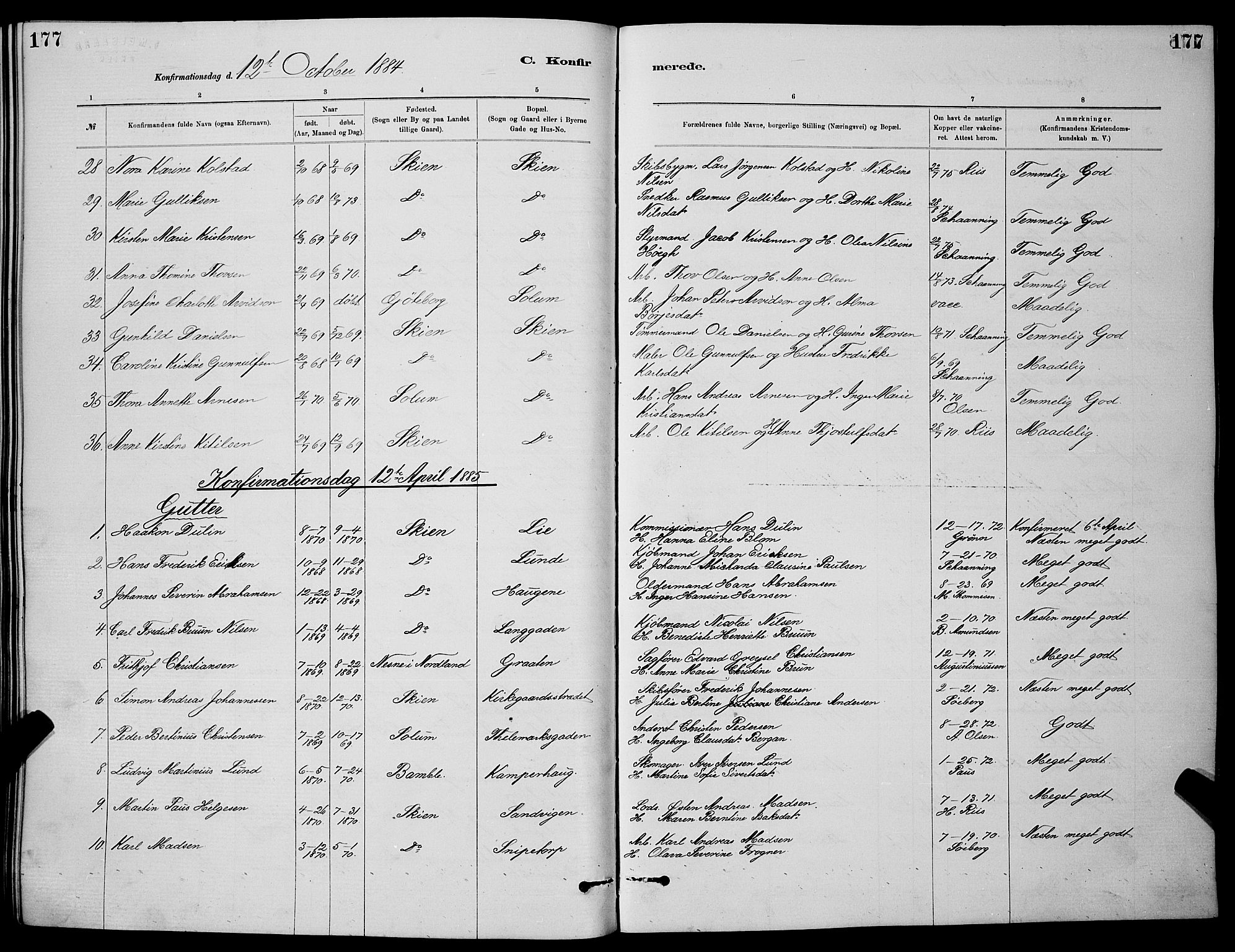 Skien kirkebøker, SAKO/A-302/G/Ga/L0006: Parish register (copy) no. 6, 1881-1890, p. 177