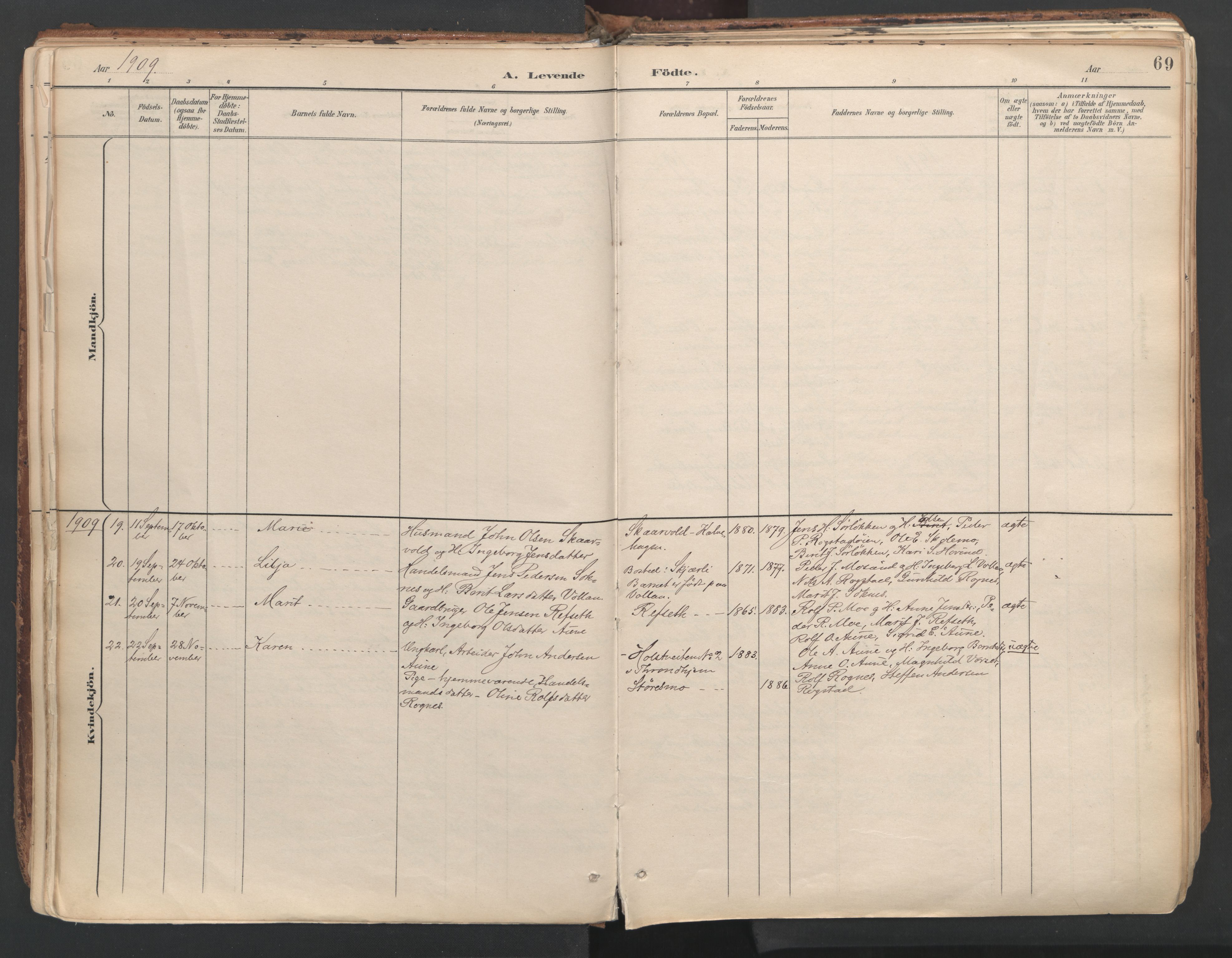 Ministerialprotokoller, klokkerbøker og fødselsregistre - Sør-Trøndelag, SAT/A-1456/687/L1004: Parish register (official) no. 687A10, 1891-1923, p. 69