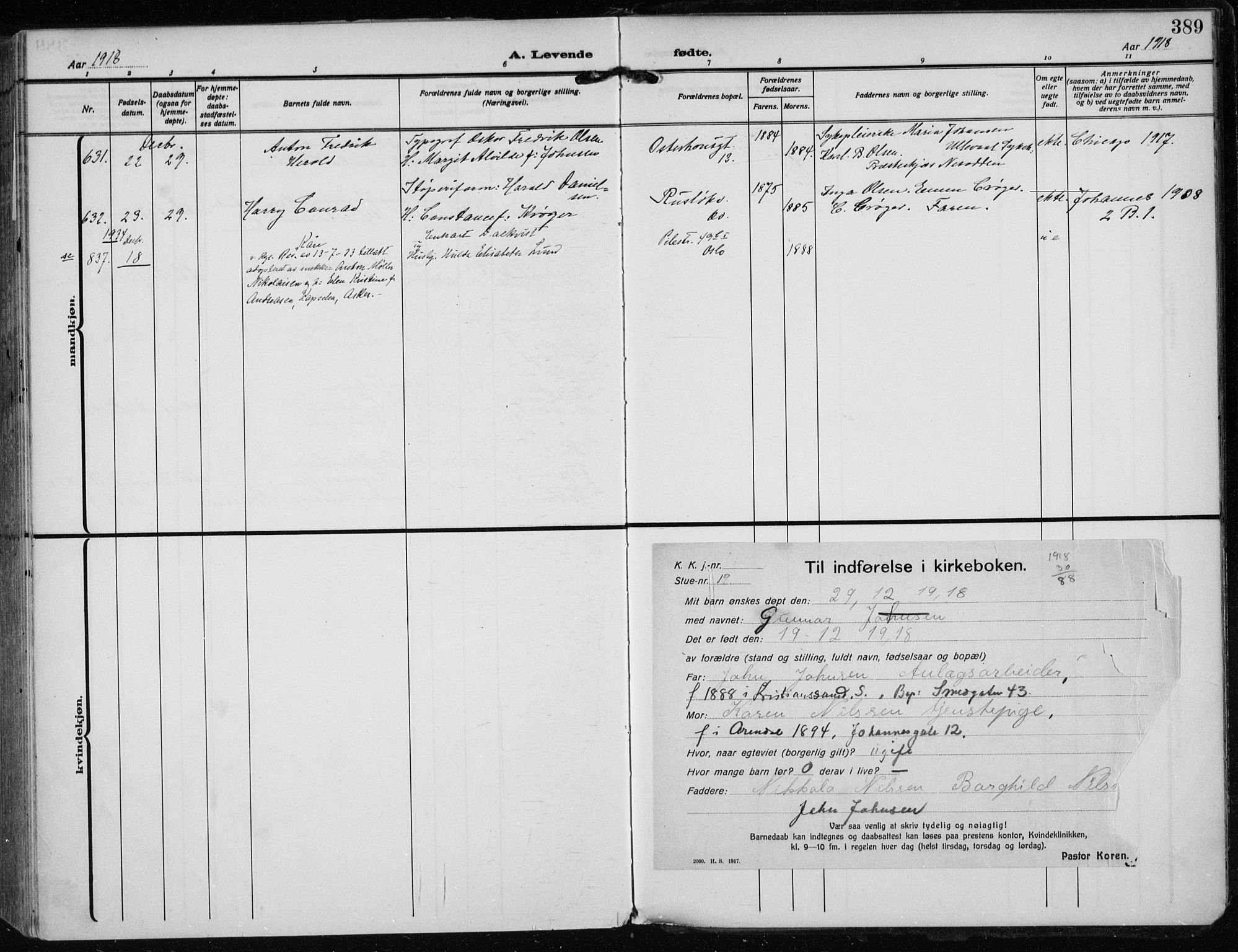 Rikshospitalet prestekontor Kirkebøker, AV/SAO-A-10309b/F/L0016: Parish register (official) no. 16, 1916-1918, p. 389