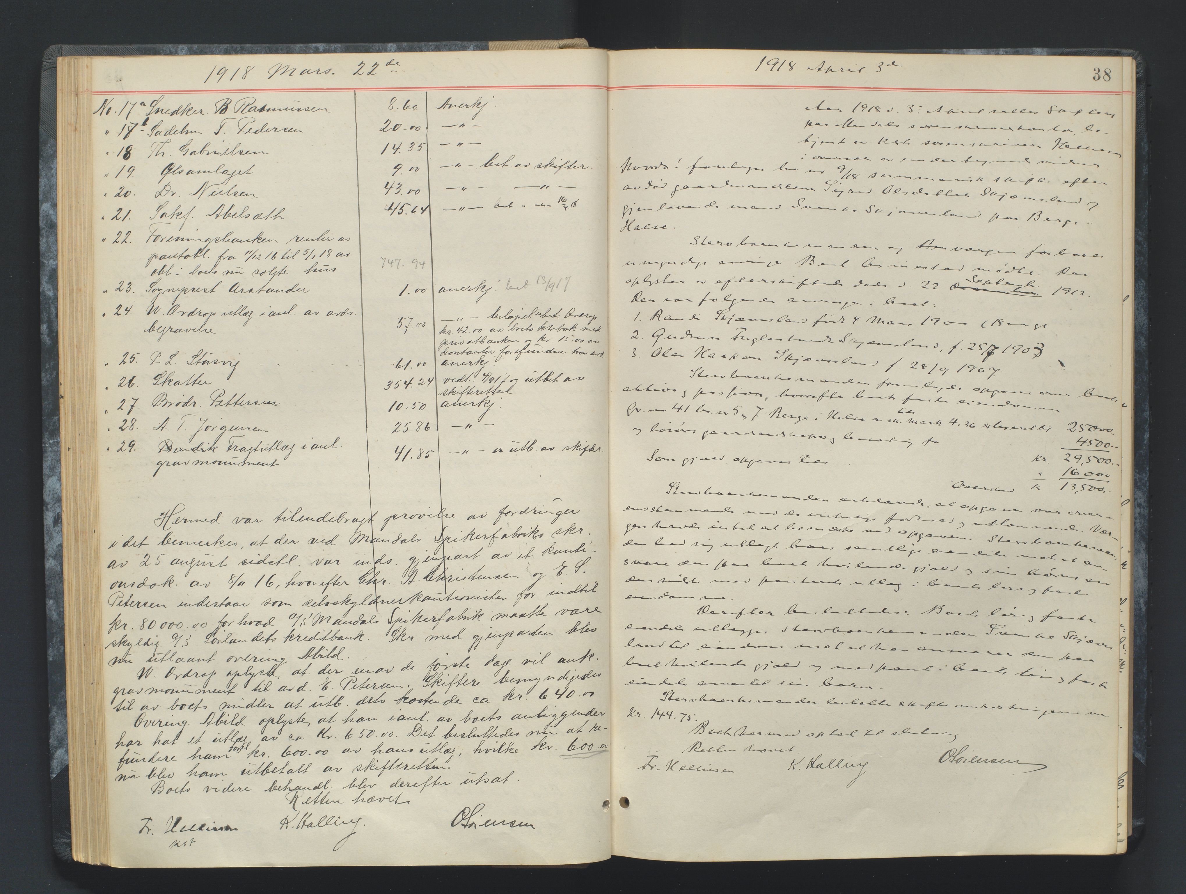Mandal sorenskriveri, AV/SAK-1221-0005/001/H/Hc/L0083: Skifteforhandlingsprotokoll nr 15, 1917-1921, p. 38