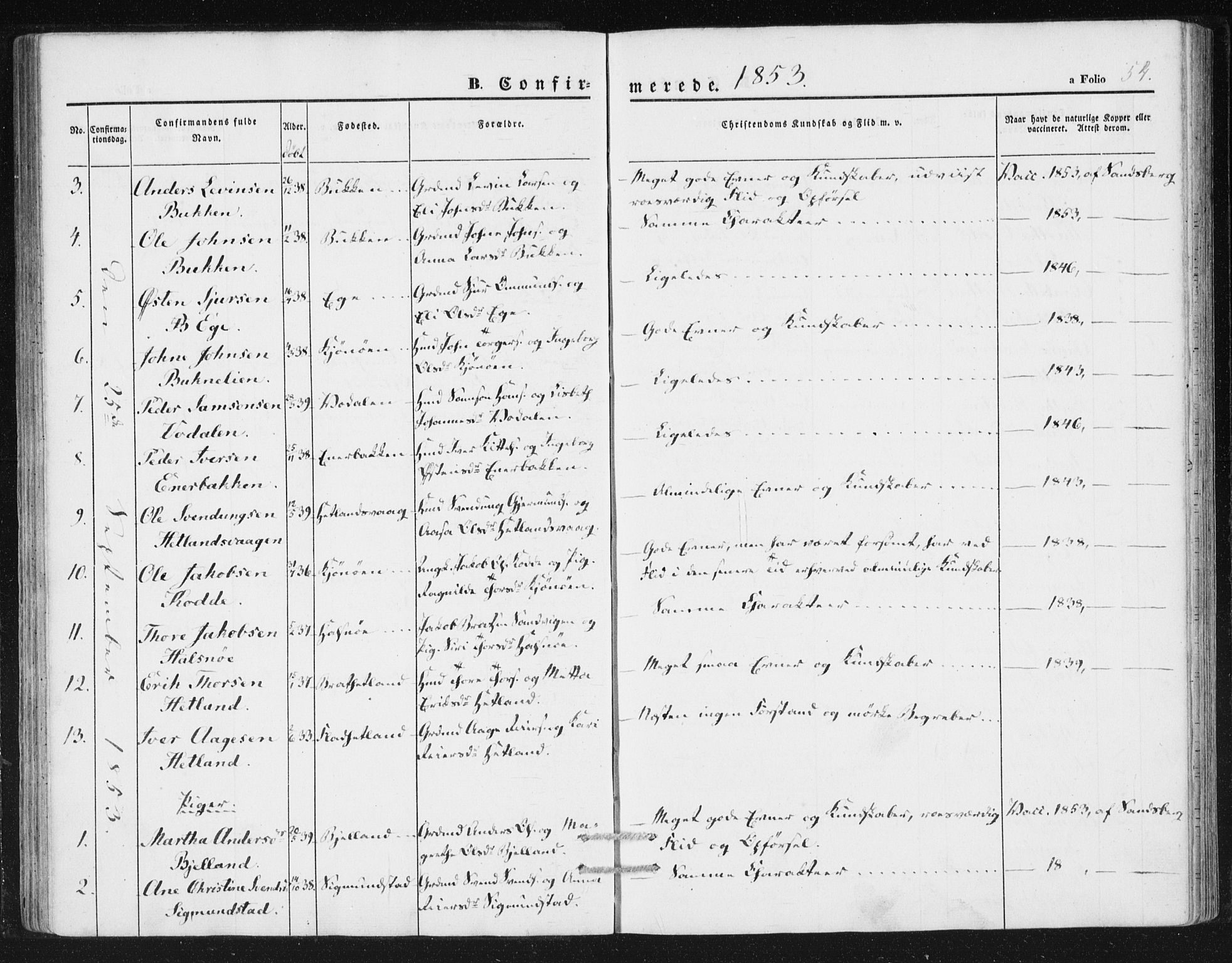 Hjelmeland sokneprestkontor, AV/SAST-A-101843/01/IV/L0010: Parish register (official) no. A 10, 1851-1871, p. 54