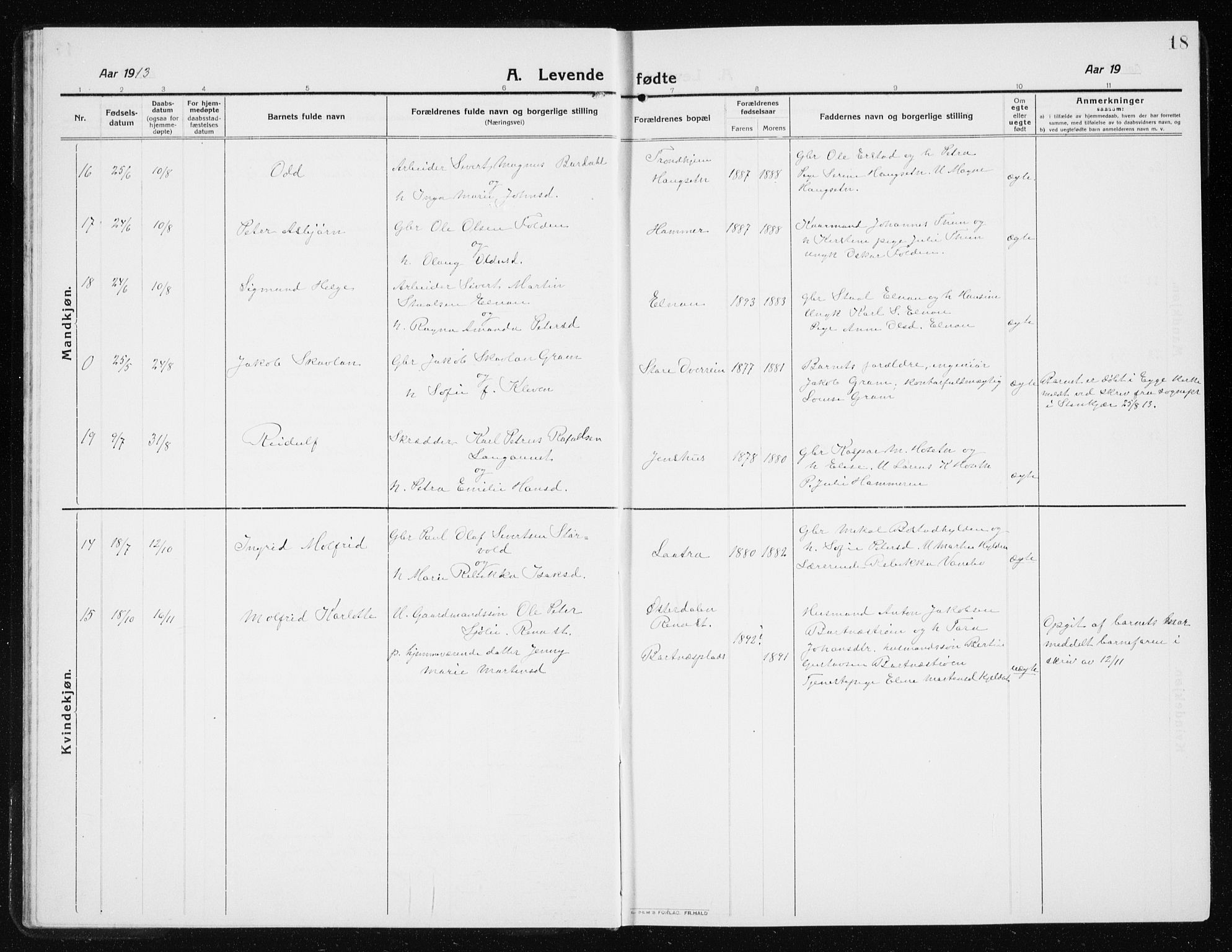 Ministerialprotokoller, klokkerbøker og fødselsregistre - Nord-Trøndelag, AV/SAT-A-1458/741/L0402: Parish register (copy) no. 741C03, 1911-1926, p. 18