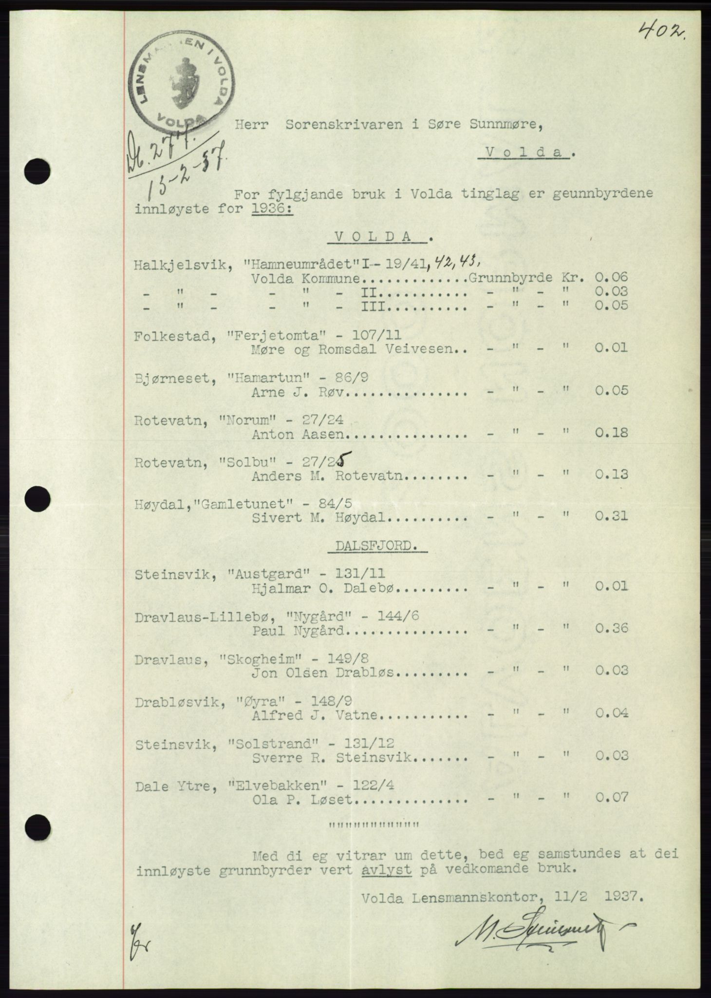 Søre Sunnmøre sorenskriveri, AV/SAT-A-4122/1/2/2C/L0062: Mortgage book no. 56, 1936-1937, Diary no: : 277/1937