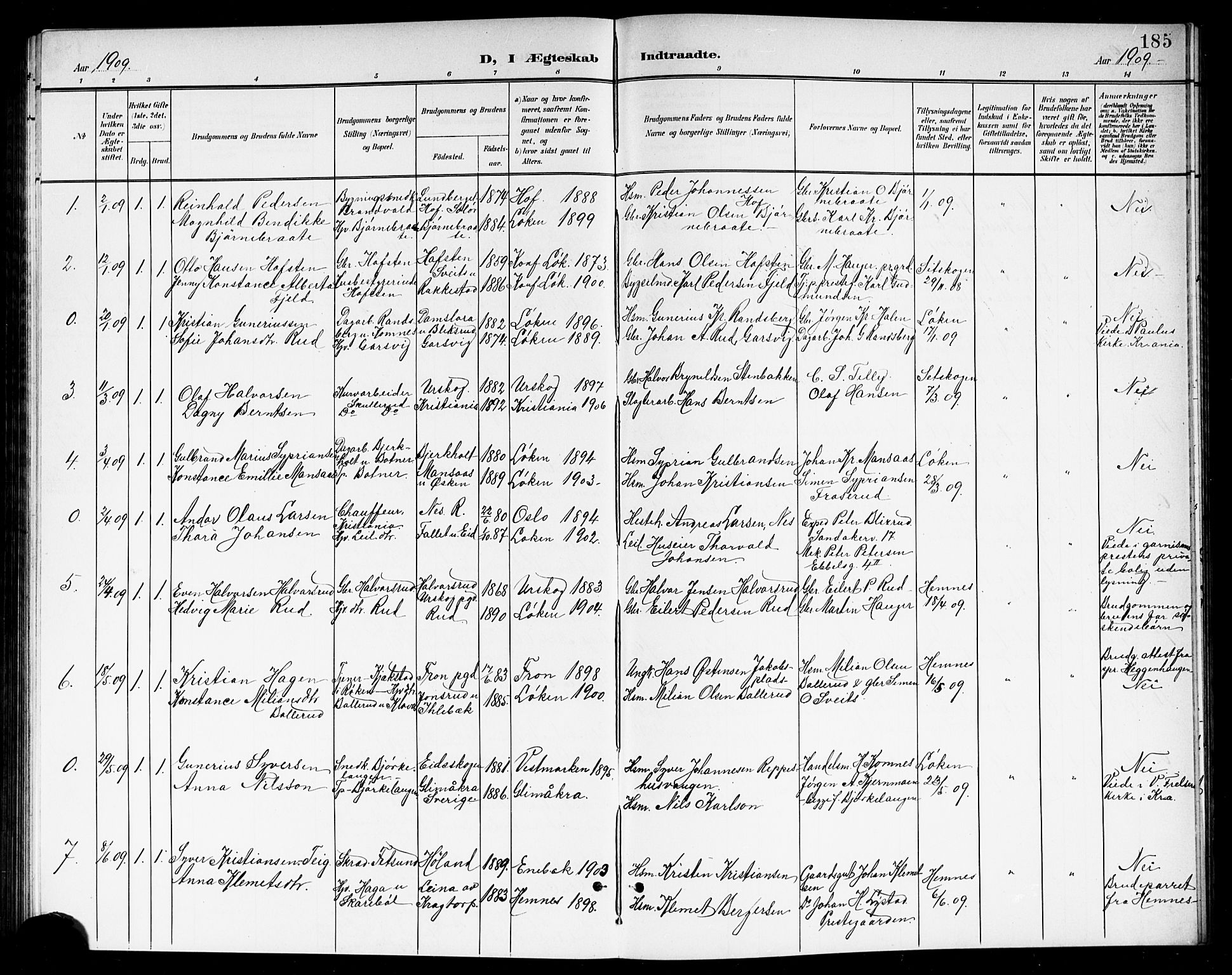 Høland prestekontor Kirkebøker, SAO/A-10346a/G/Ga/L0007: Parish register (copy) no. I 7, 1902-1914, p. 185