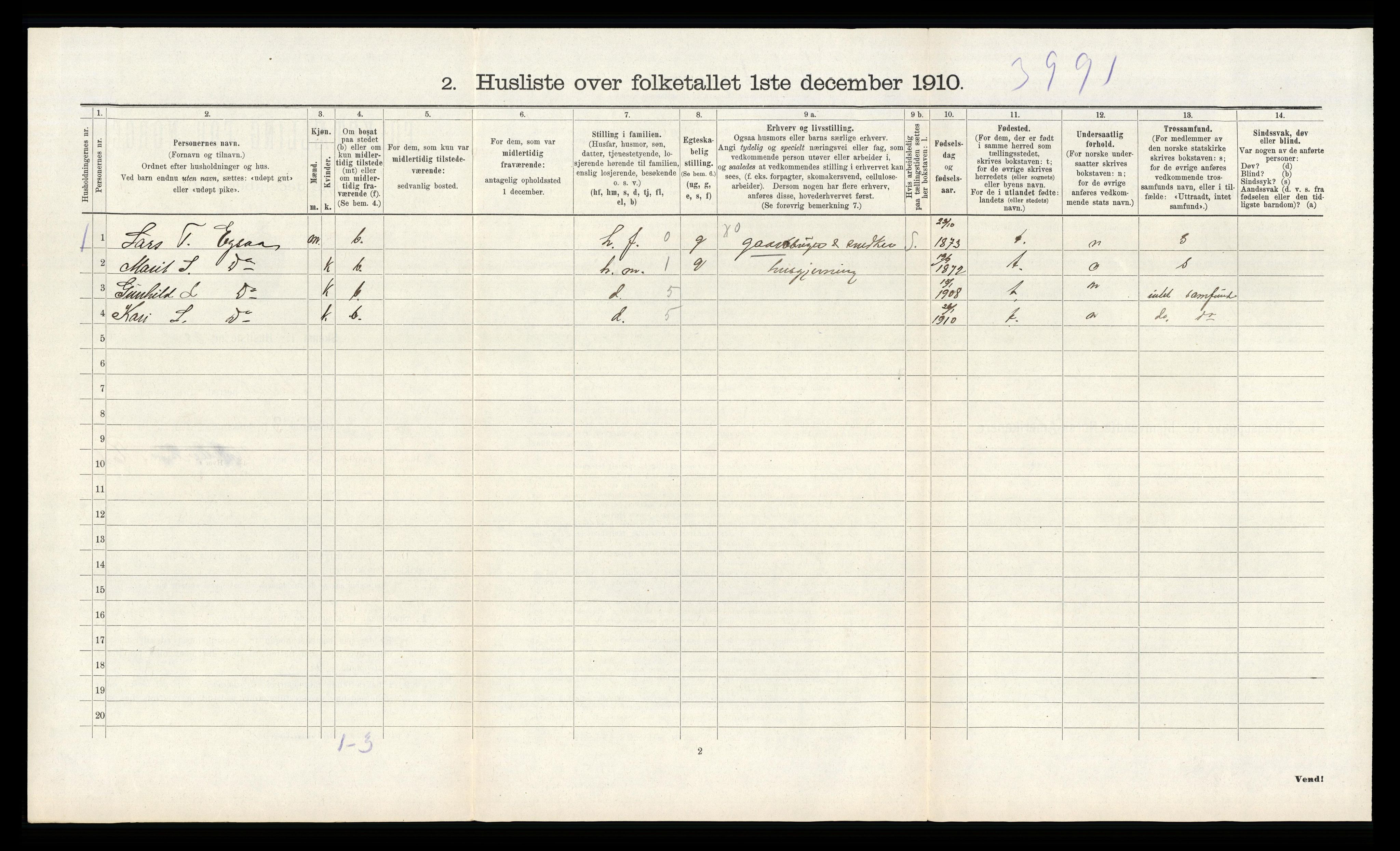 RA, 1910 census for Åseral, 1910, p. 290