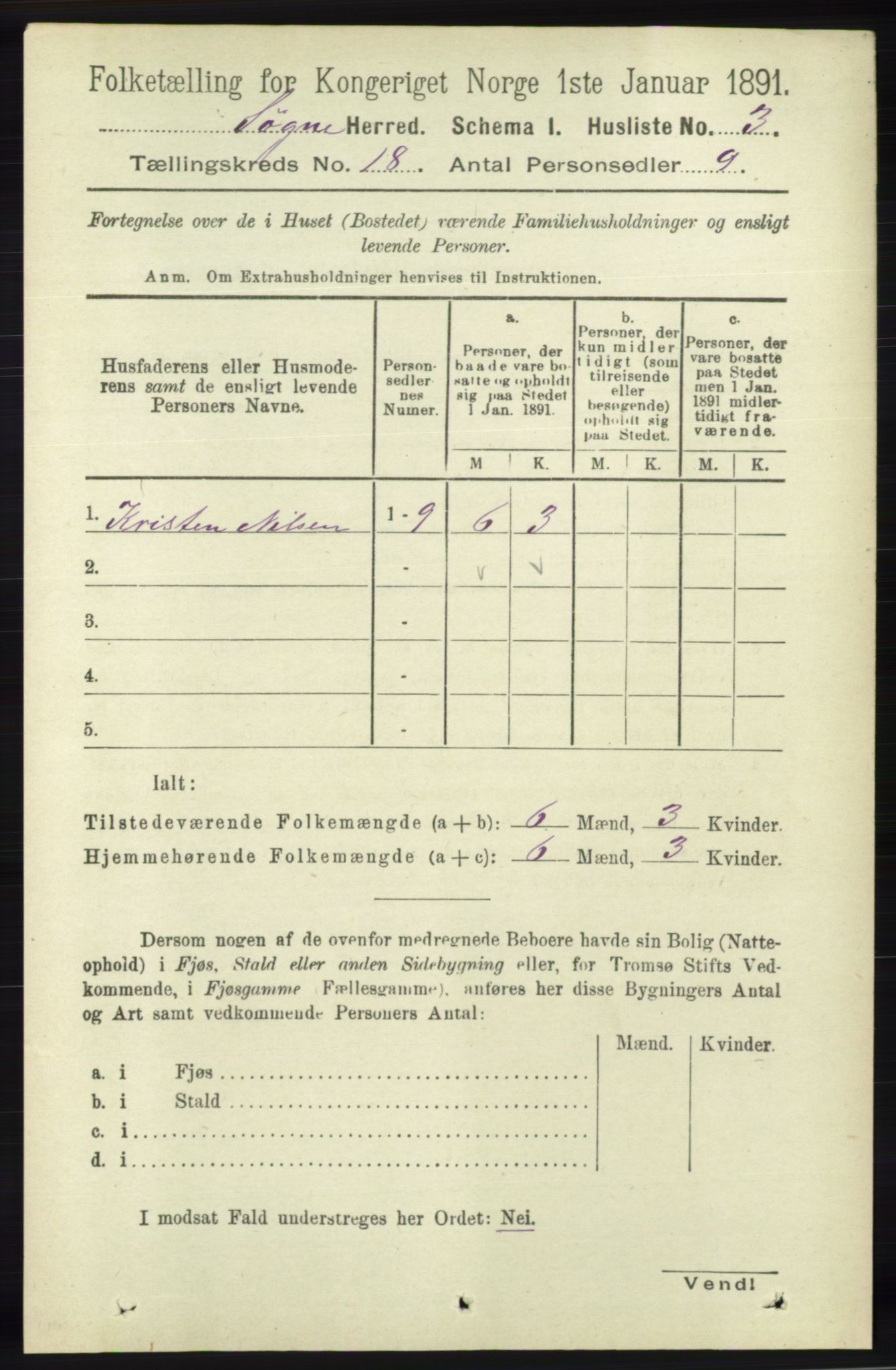 RA, 1891 census for 1018 Søgne, 1891, p. 4705