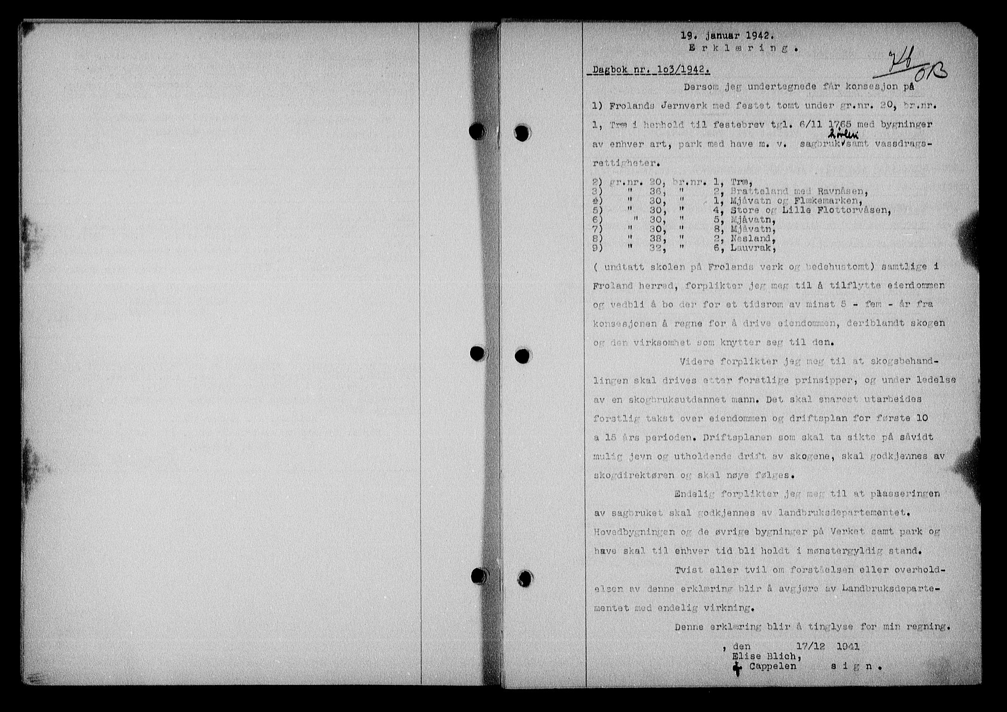 Nedenes sorenskriveri, SAK/1221-0006/G/Gb/Gba/L0049: Mortgage book no. A-III, 1941-1942, Diary no: : 103/1942