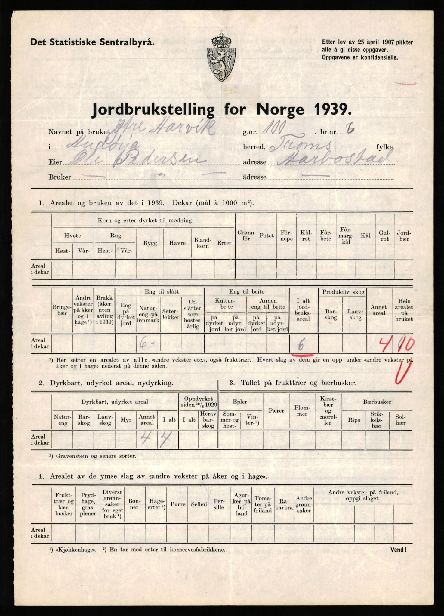 Statistisk sentralbyrå, Næringsøkonomiske emner, Jordbruk, skogbruk, jakt, fiske og fangst, AV/RA-S-2234/G/Gb/L0339: Troms: Andørja, Astafjord og Lavangen, 1939, p. 481