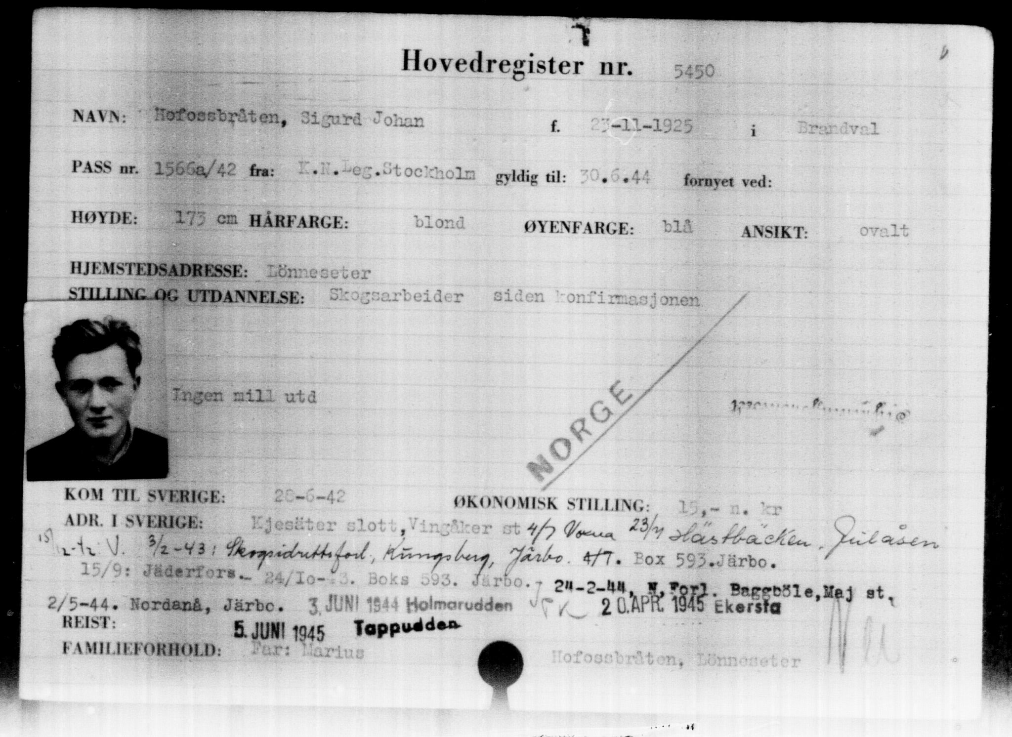 Utenriksstasjonene, Legasjonen i Stockholm, Flyktningkontoret, AV/RA-S-6753/V/Va/L0004: Kjesäterkartoteket, flyktninger med registreringsnr. 3496-6610, 1940-1945, p. 2253
