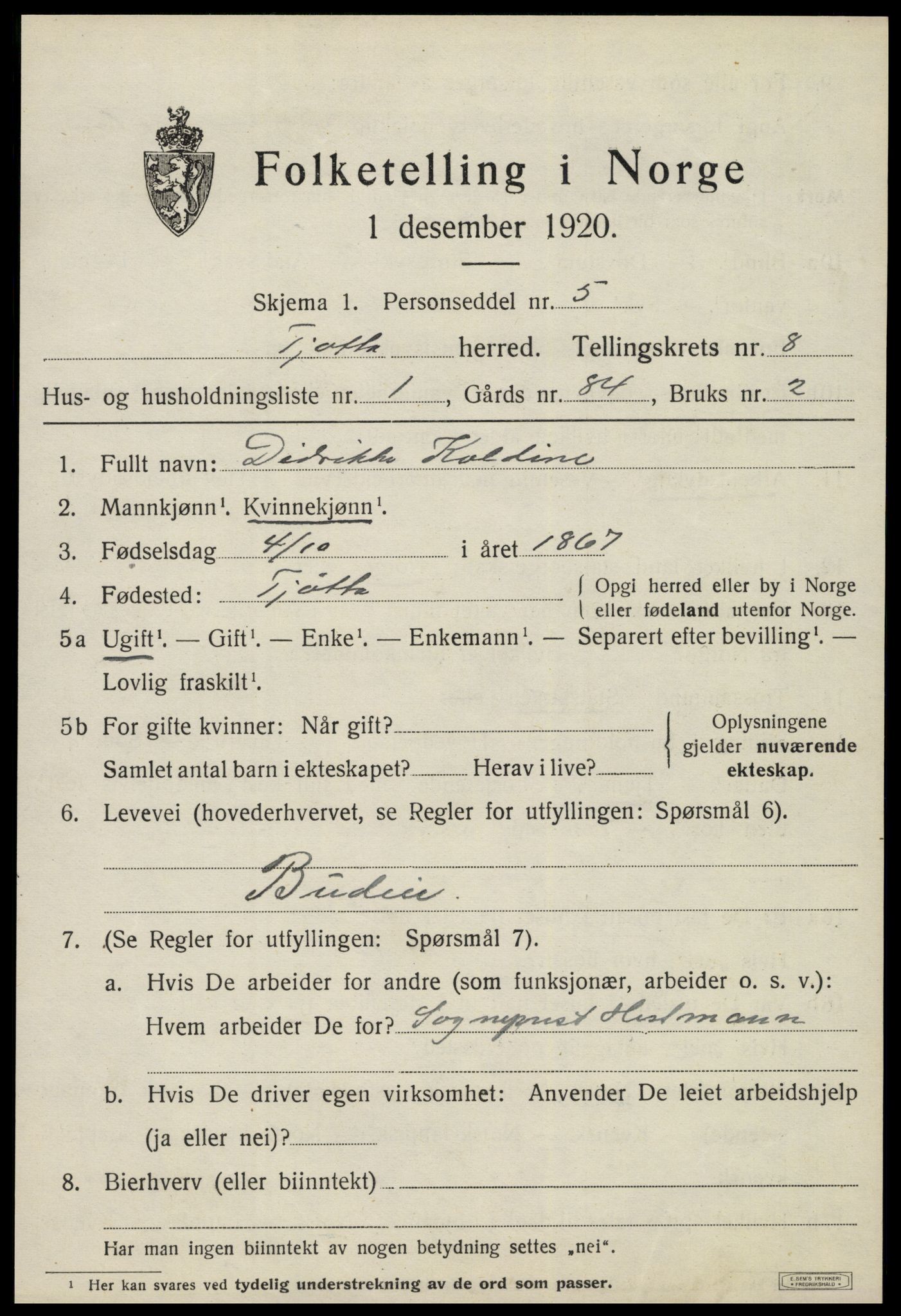 SAT, 1920 census for Tjøtta, 1920, p. 3429