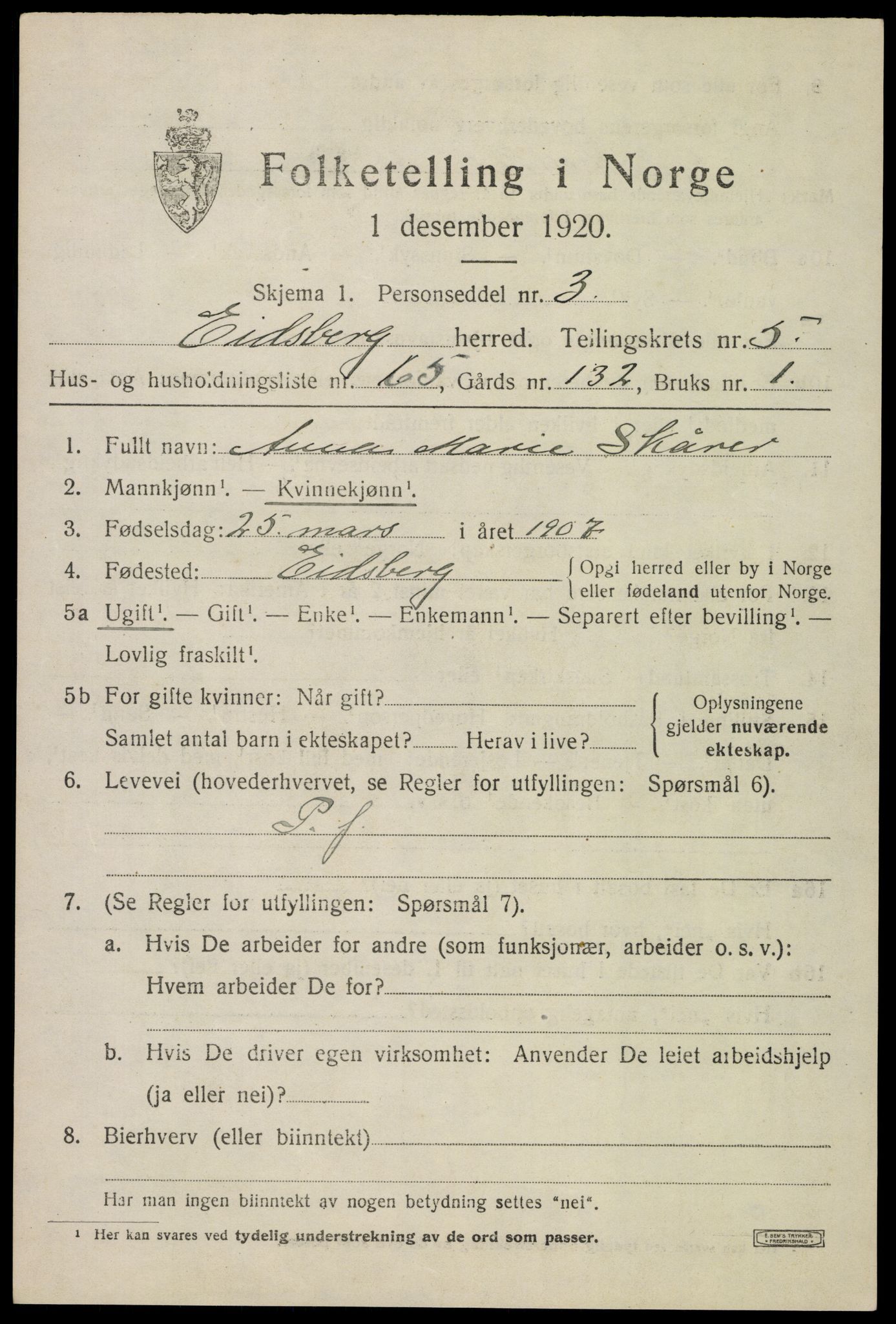 SAO, 1920 census for Eidsberg, 1920, p. 7467