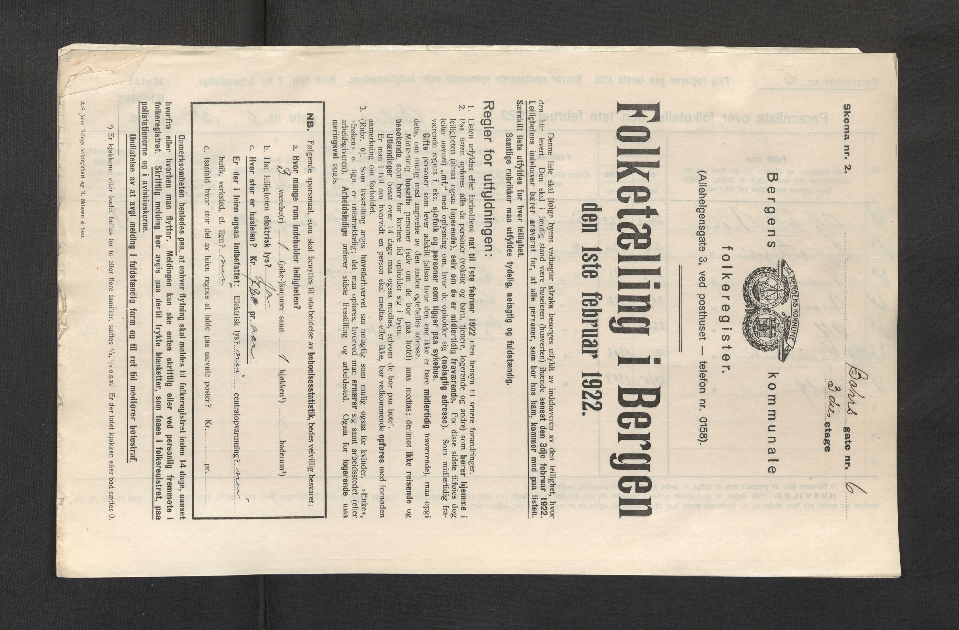 SAB, Municipal Census 1922 for Bergen, 1922, p. 3729