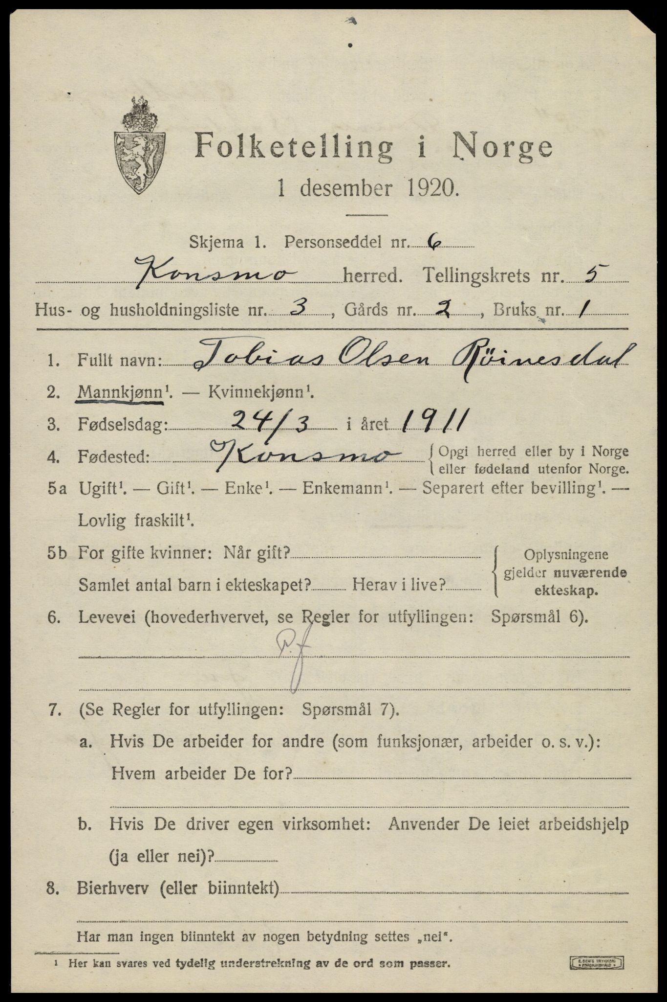 SAK, 1920 census for Konsmo, 1920, p. 1302