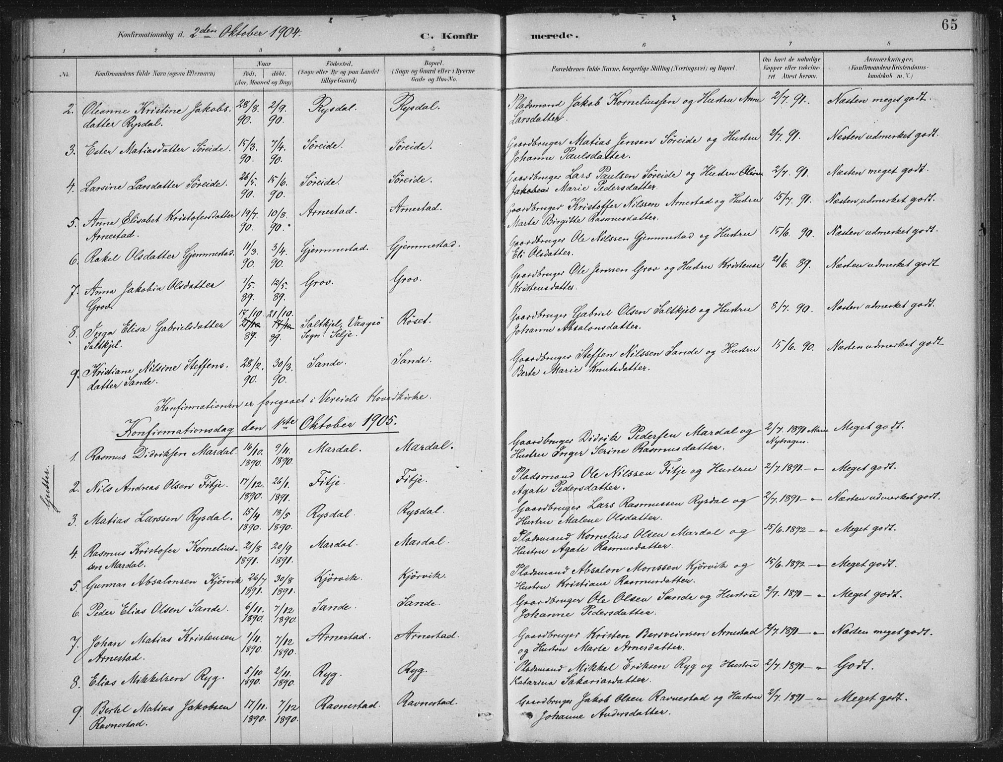 Gloppen sokneprestembete, SAB/A-80101/H/Haa/Haad/L0001: Parish register (official) no. D  1, 1885-1910, p. 65
