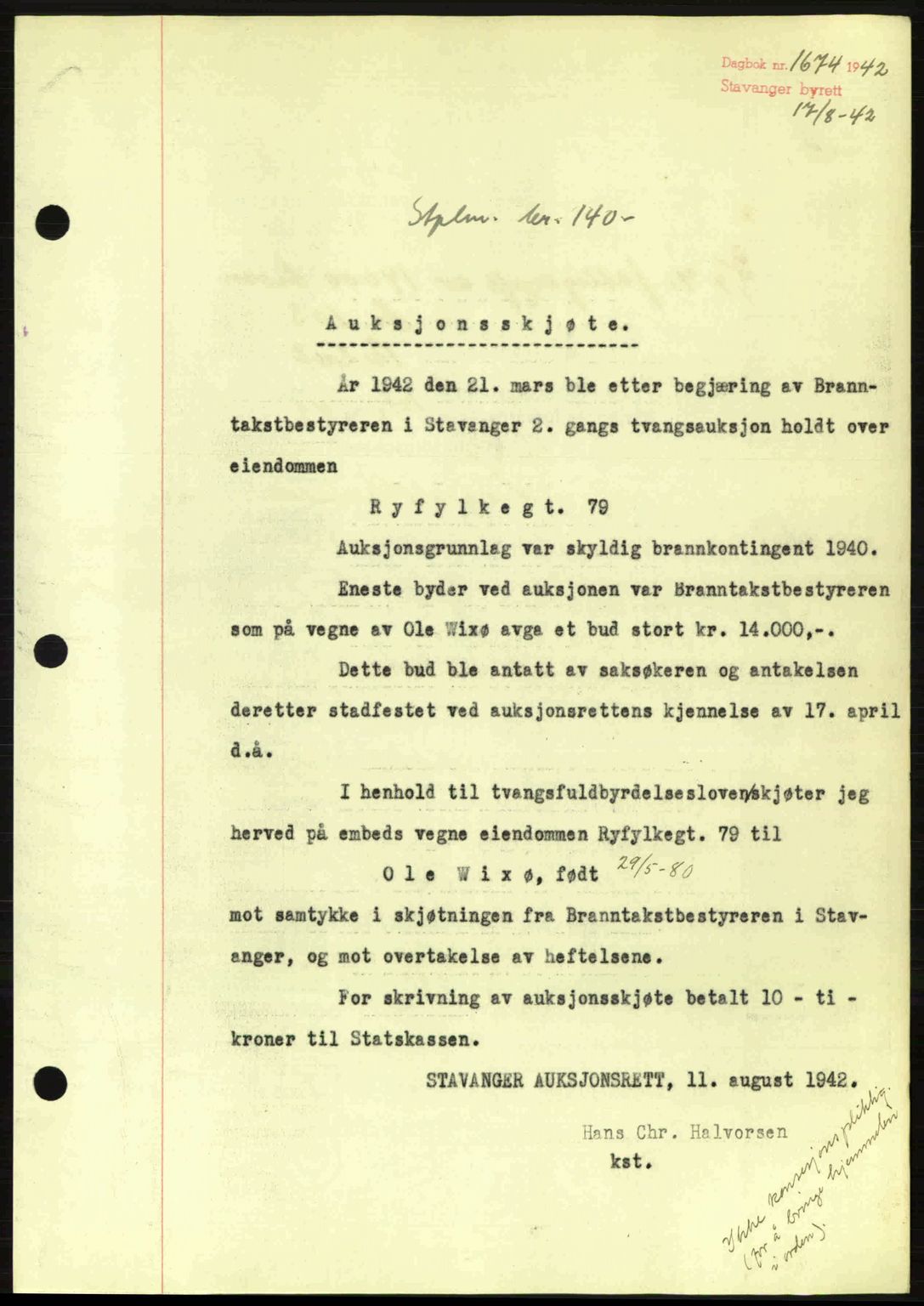 Stavanger byrett, SAST/A-100455/002/G/Gb/L0017: Mortgage book no. A7, 1941-1943, Diary no: : 1674/1942