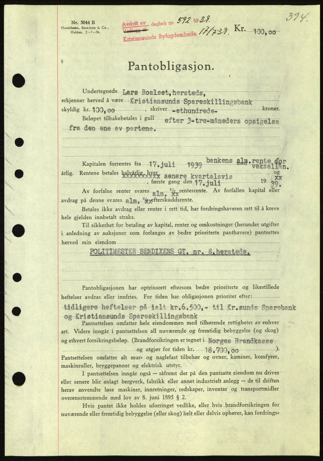 Kristiansund byfogd, AV/SAT-A-4587/A/27: Mortgage book no. 31, 1938-1939, Diary no: : 592/1939