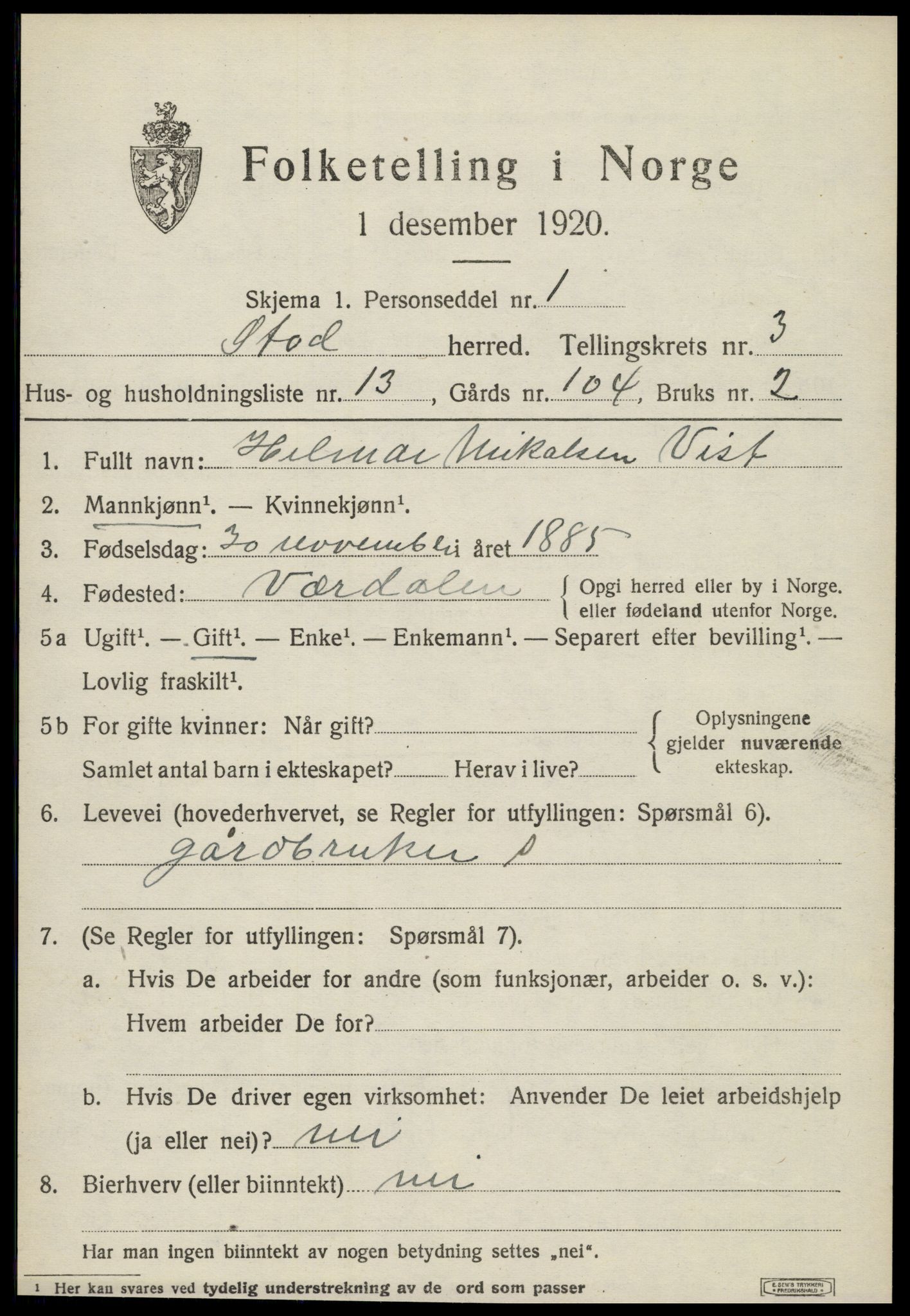 SAT, 1920 census for Stod, 1920, p. 2420
