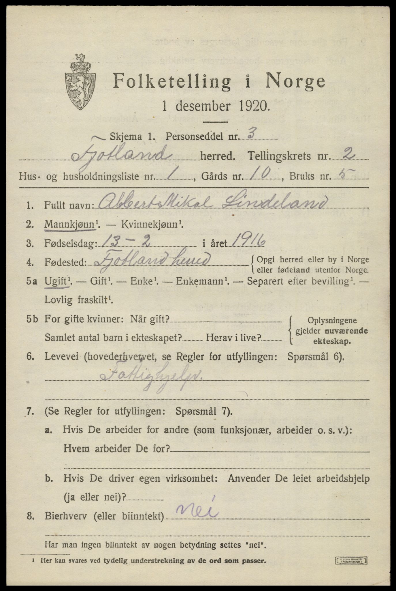 SAK, 1920 census for Fjotland, 1920, p. 688