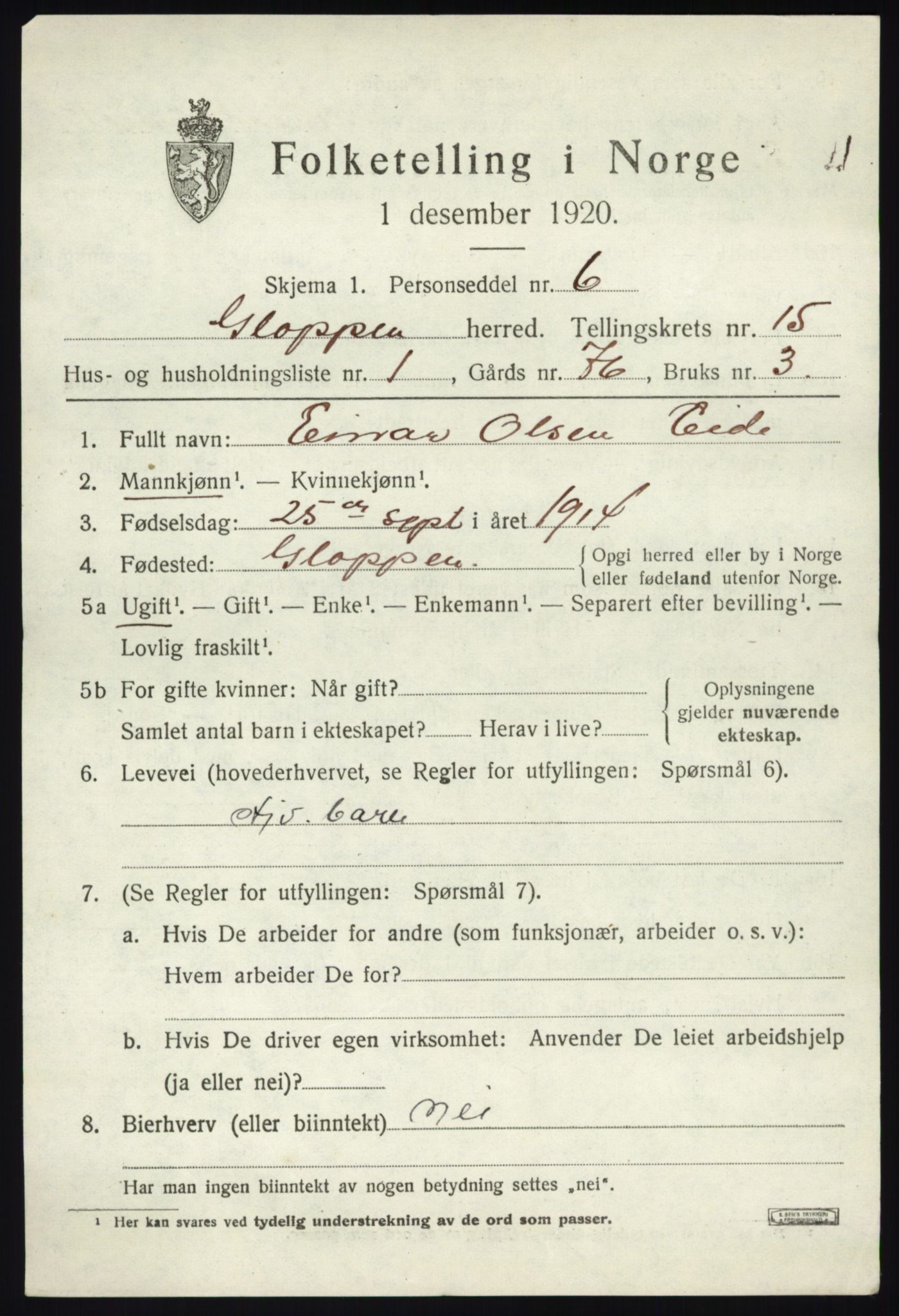 SAB, 1920 census for Gloppen, 1920, p. 7672