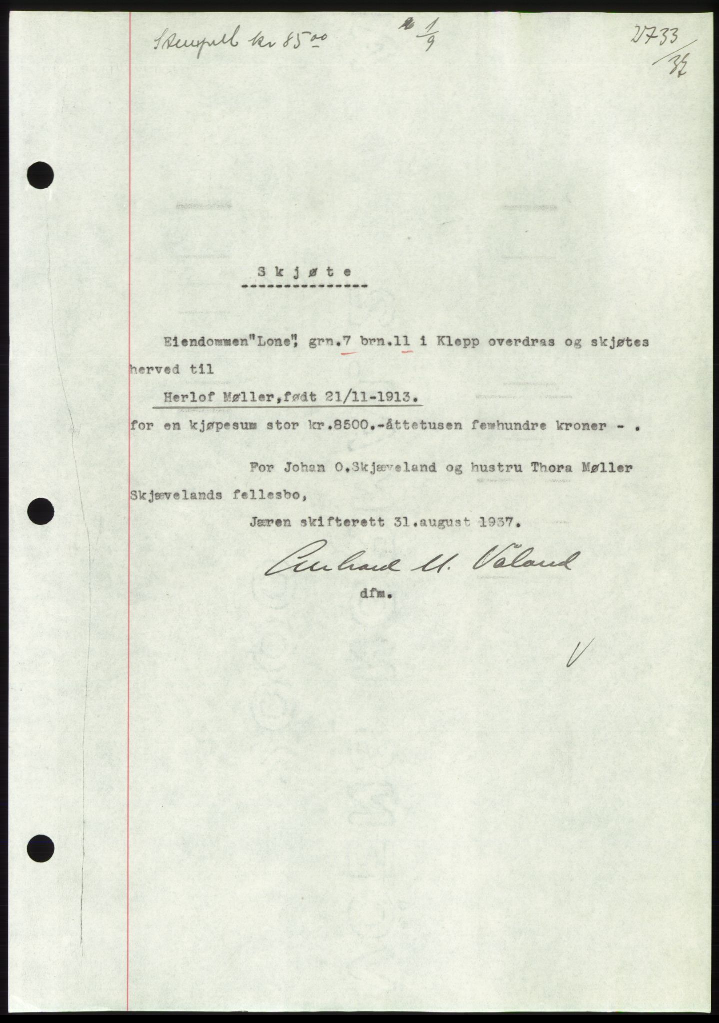 Jæren sorenskriveri, SAST/A-100310/03/G/Gba/L0069: Mortgage book, 1937-1937, Diary no: : 2733/1937