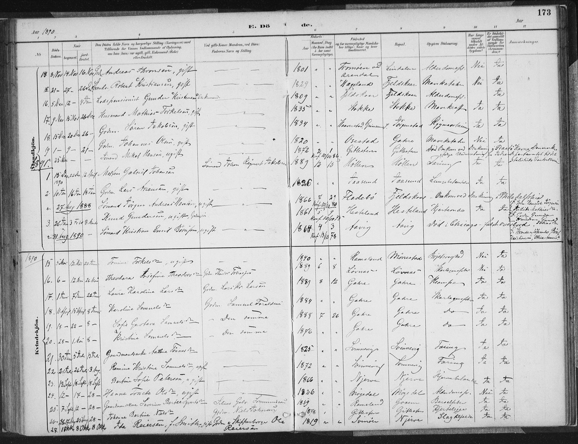 Sør-Audnedal sokneprestkontor, AV/SAK-1111-0039/F/Fa/Faa/L0004: Parish register (official) no. A 4, 1884-1909, p. 173