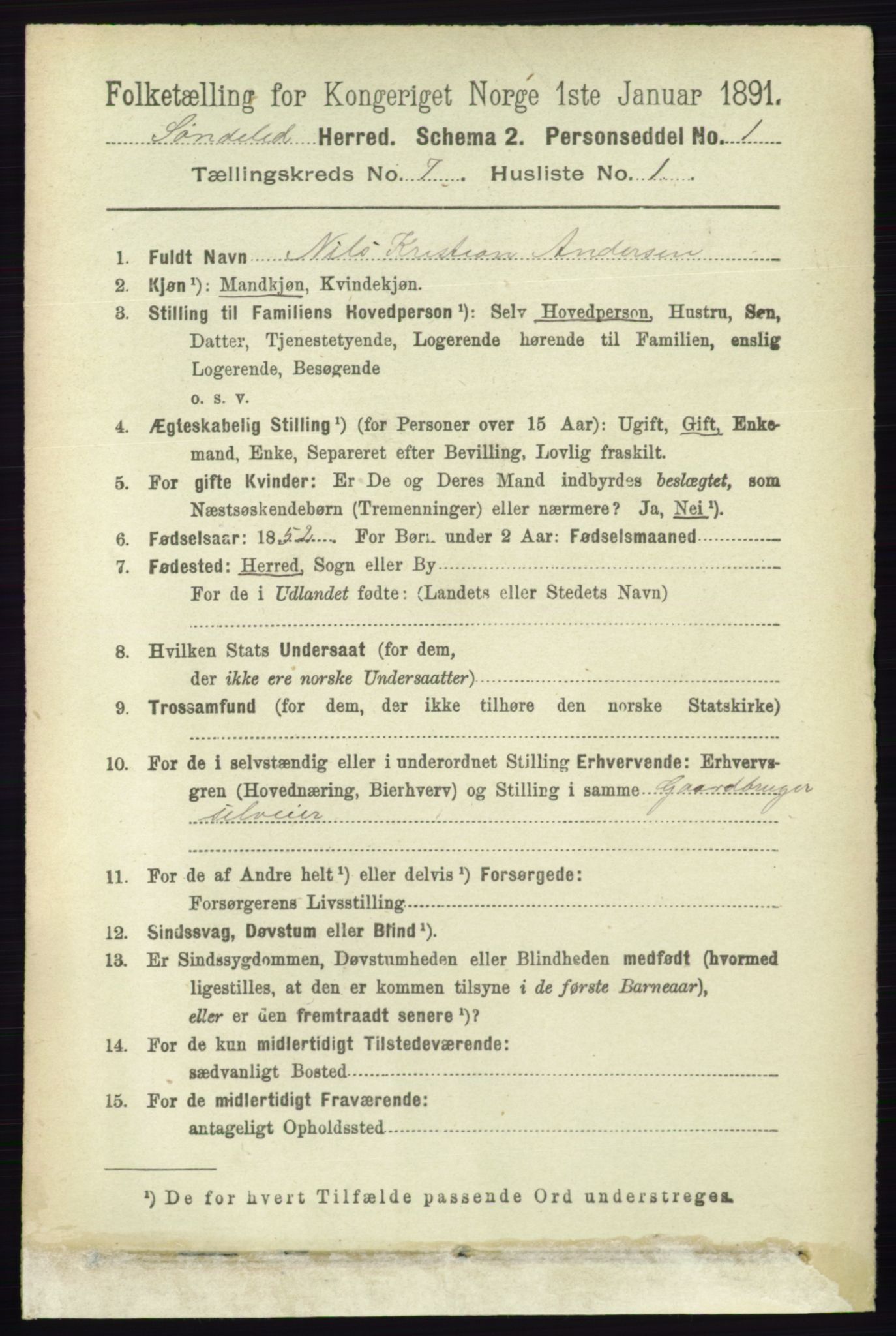 RA, 1891 census for 0913 Søndeled, 1891, p. 2333