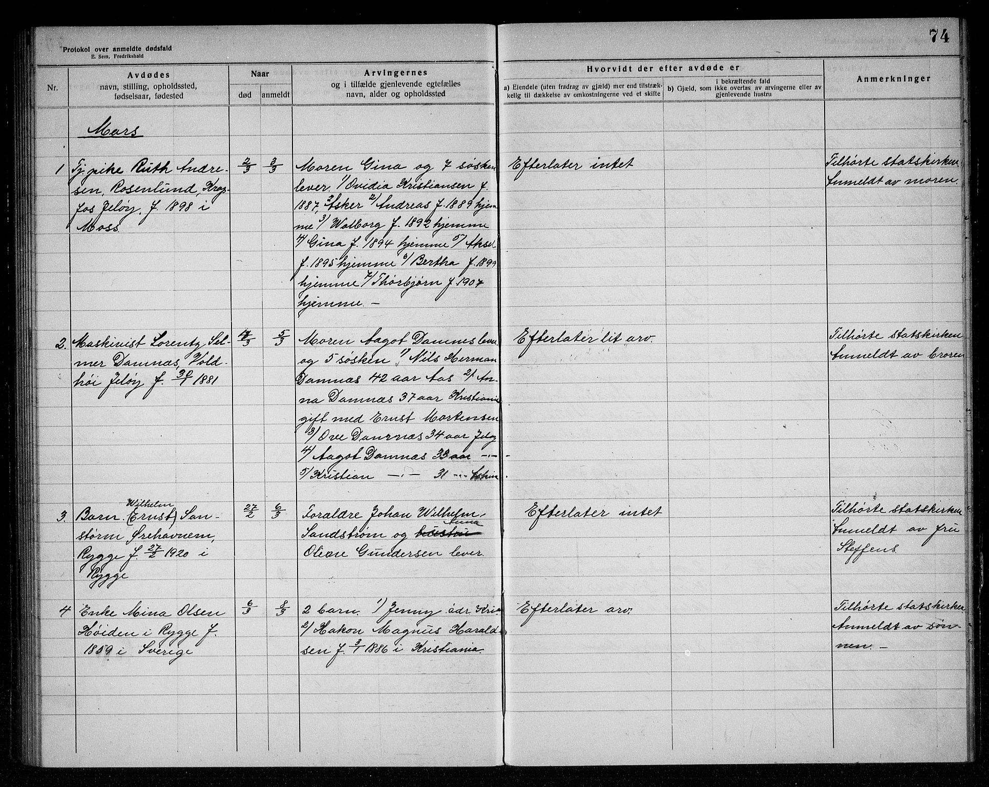 Rygge lensmannskontor, AV/SAO-A-10005/H/Ha/Haa/L0006: Dødsfallsprotokoll, 1916-1920, p. 74