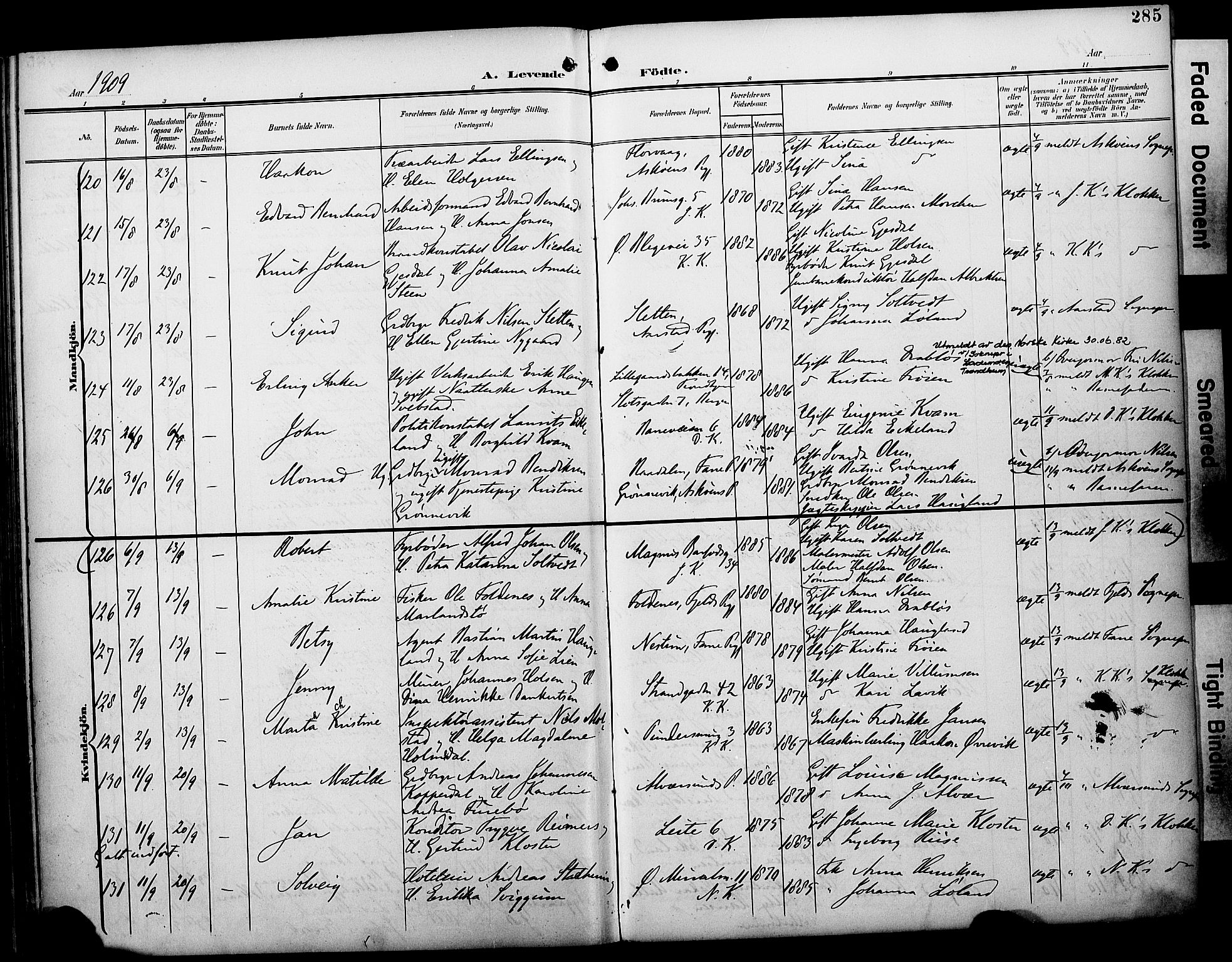 Fødselsstiftelsens sokneprestembete*, SAB/-: Parish register (official) no. A 3, 1901-1910, p. 285
