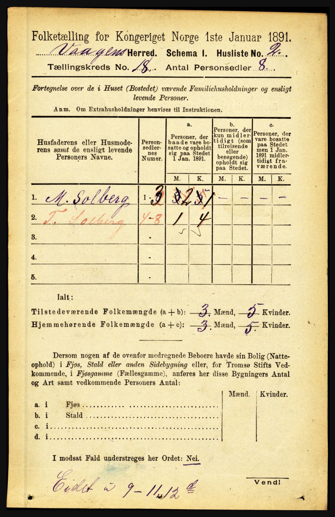 RA, 1891 census for 1865 Vågan, 1891, p. 5073