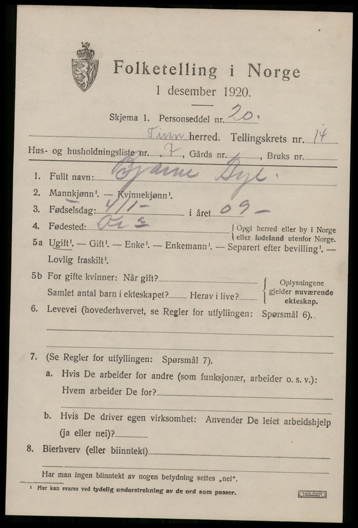 SAKO, 1920 census for Tinn, 1920, p. 8852