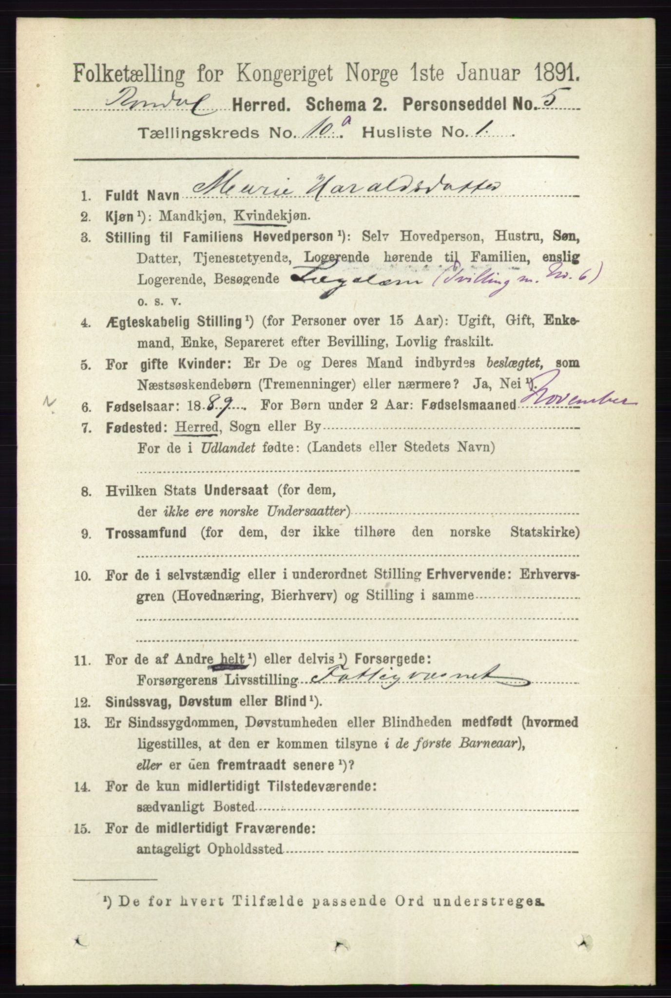 RA, 1891 census for 0416 Romedal, 1891, p. 4815