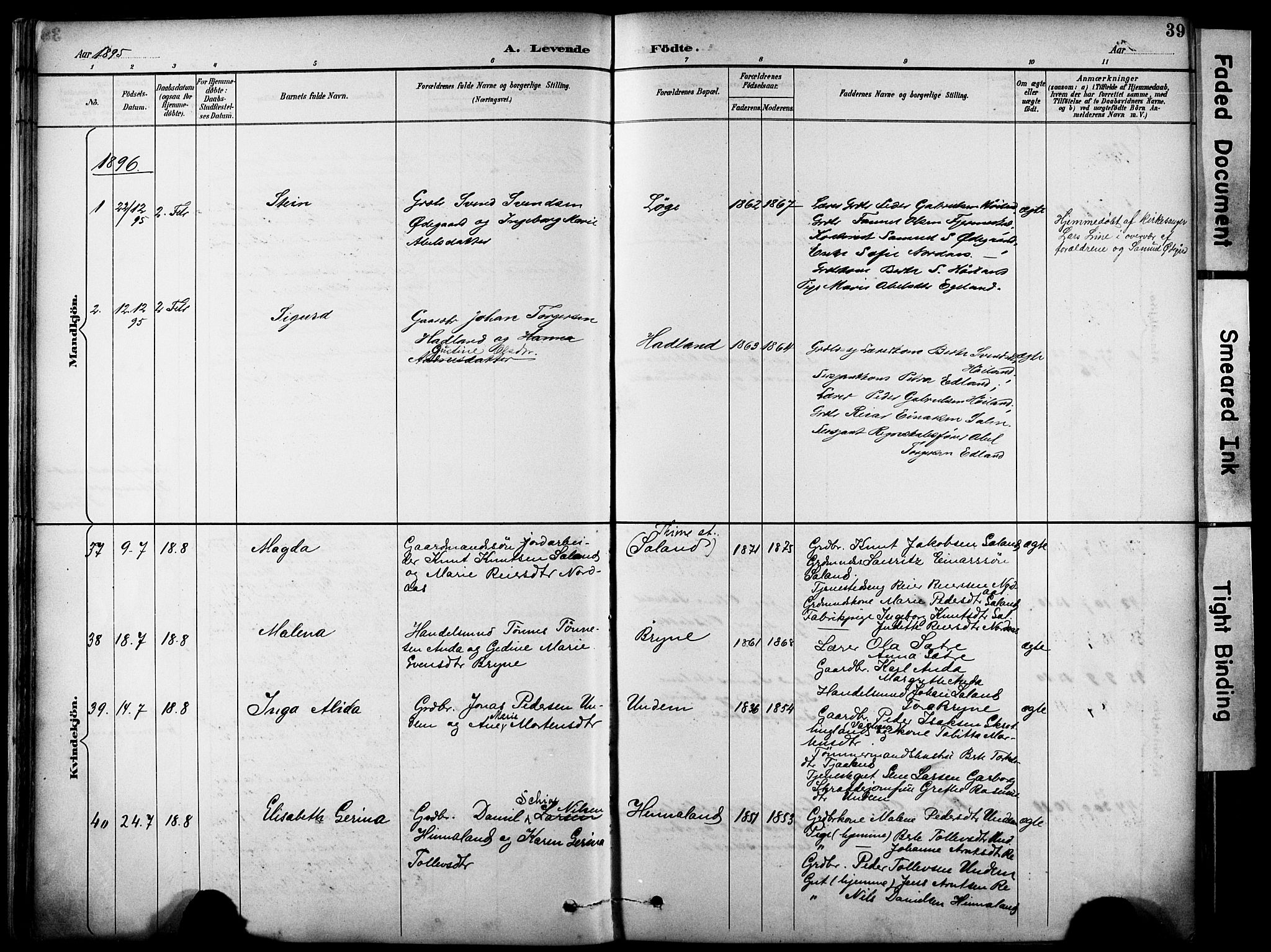 Lye sokneprestkontor, SAST/A-101794/001/30BA/L0011: Parish register (official) no. A 9, 1893-1903, p. 39