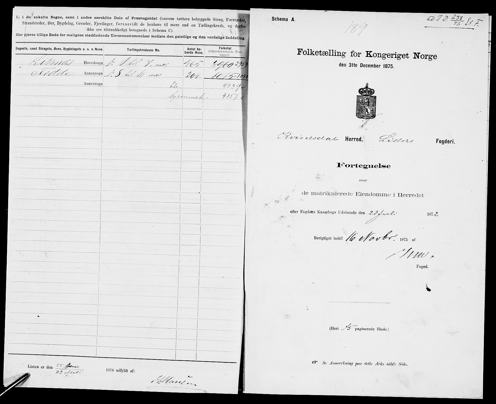 SAK, 1875 census for 1037P Kvinesdal, 1875, p. 3