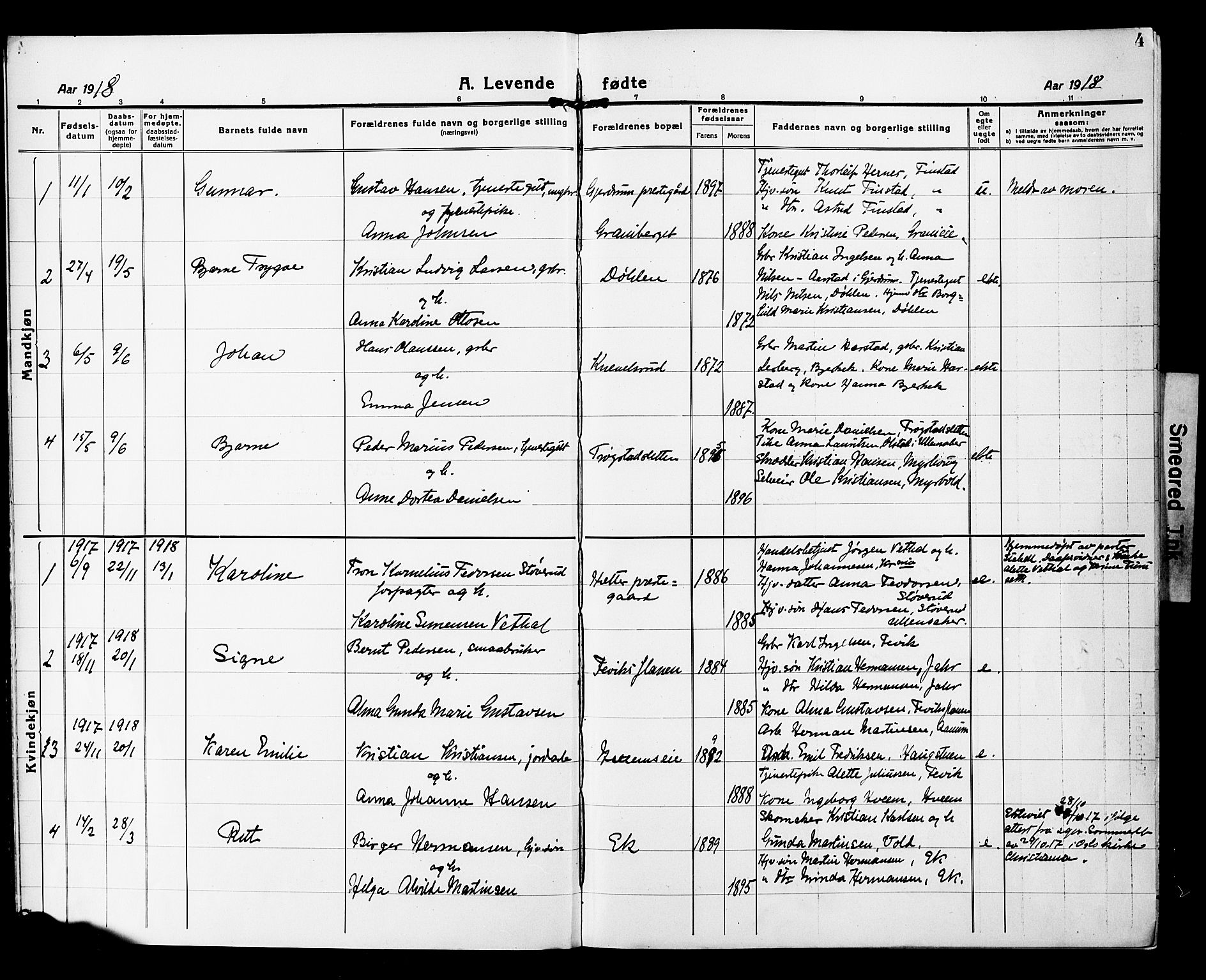 Nannestad prestekontor Kirkebøker, AV/SAO-A-10414a/G/Gb/L0002: Parish register (copy) no. II 2, 1918-1929, p. 4