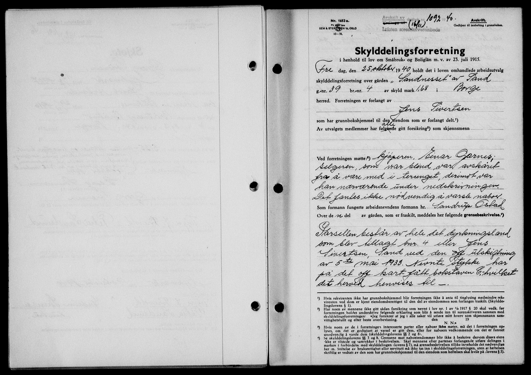 Lofoten sorenskriveri, SAT/A-0017/1/2/2C/L0008a: Mortgage book no. 8a, 1940-1941, Diary no: : 1092/1940