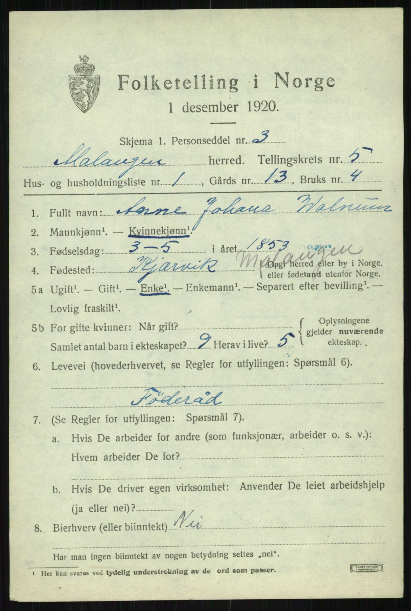 SATØ, 1920 census for Malangen, 1920, p. 1896