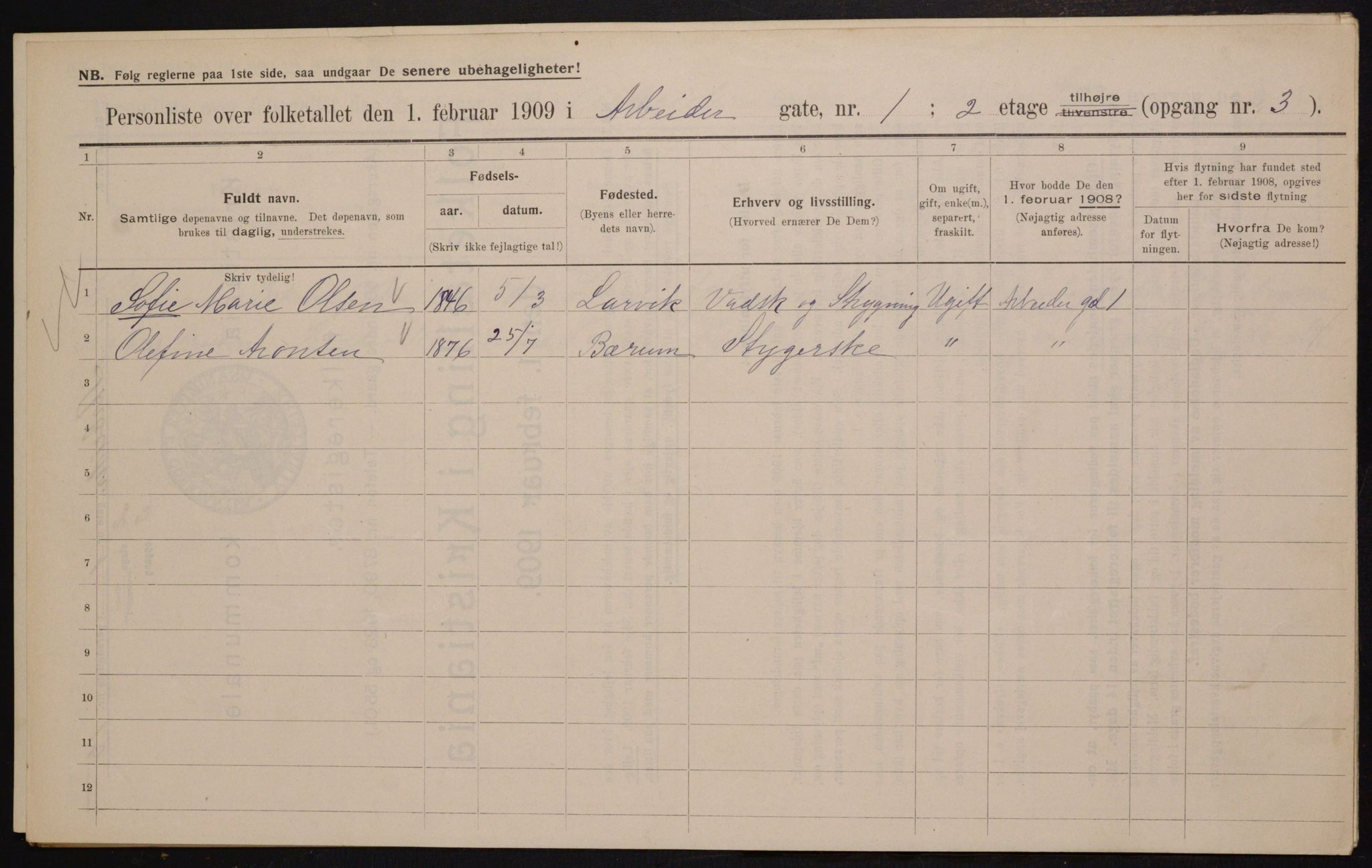 OBA, Municipal Census 1909 for Kristiania, 1909, p. 1439