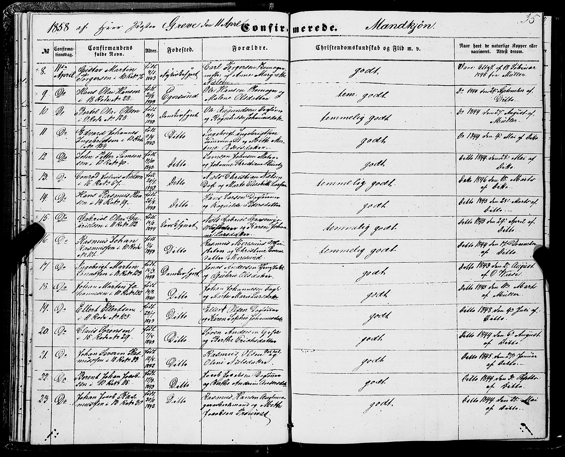 Domkirken sokneprestembete, AV/SAB-A-74801/H/Haa/L0028: Parish register (official) no. C 3, 1852-1864, p. 35