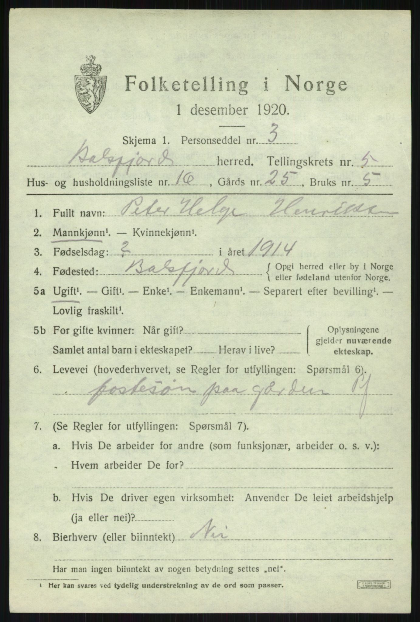 SATØ, 1920 census for Balsfjord, 1920, p. 3308