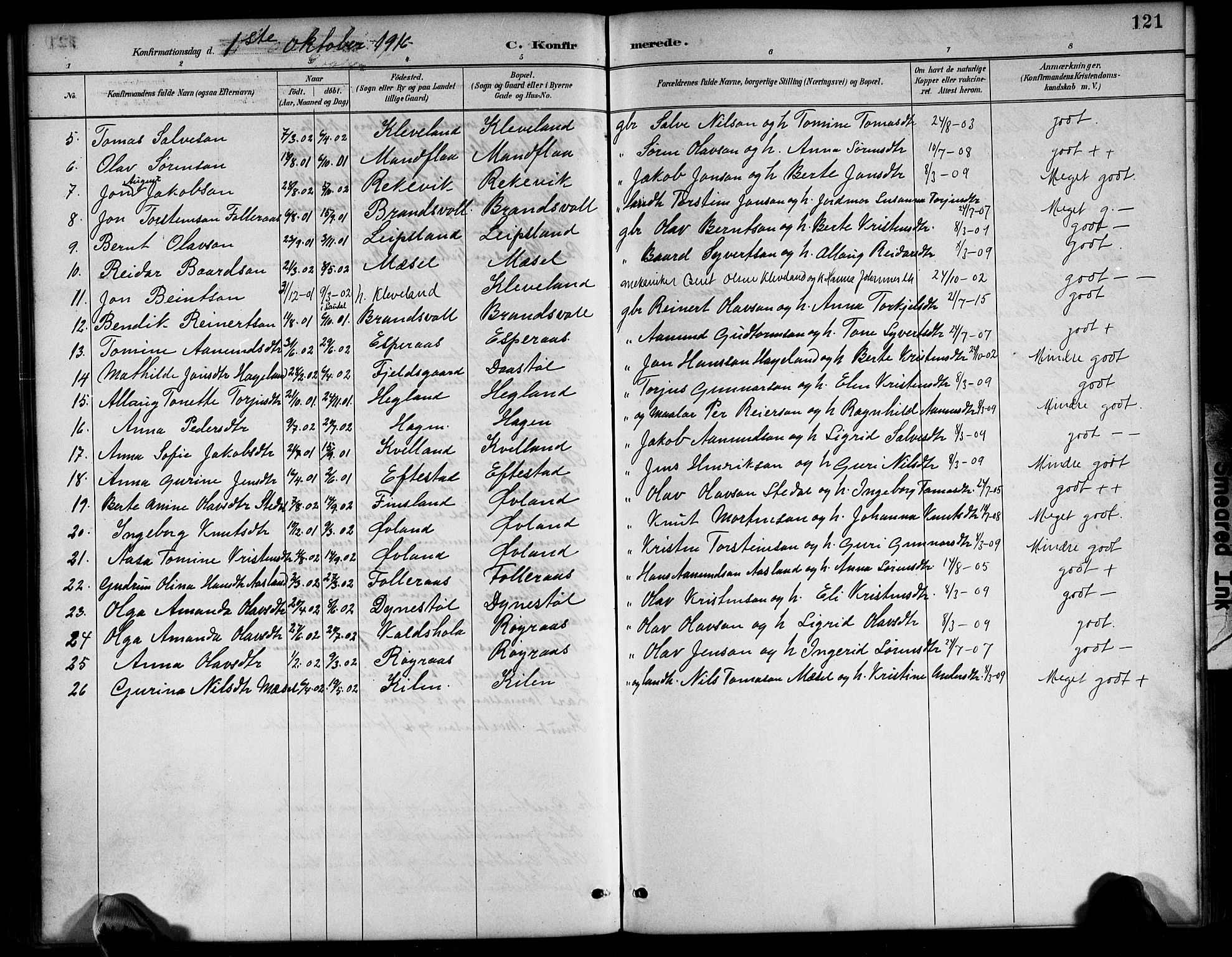 Bjelland sokneprestkontor, SAK/1111-0005/F/Fb/Fbb/L0005: Parish register (copy) no. B 5, 1887-1918, p. 121