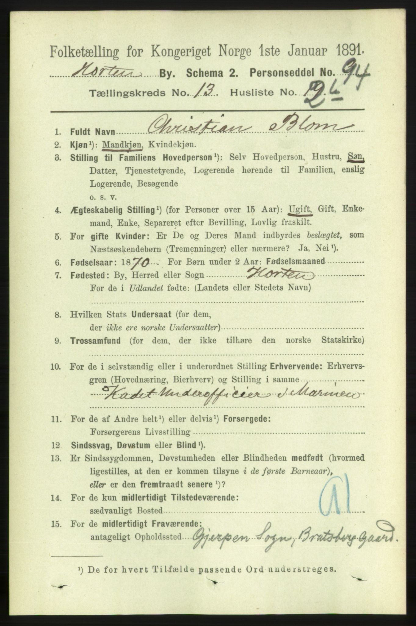 RA, 1891 census for 0703 Horten, 1891, p. 7988