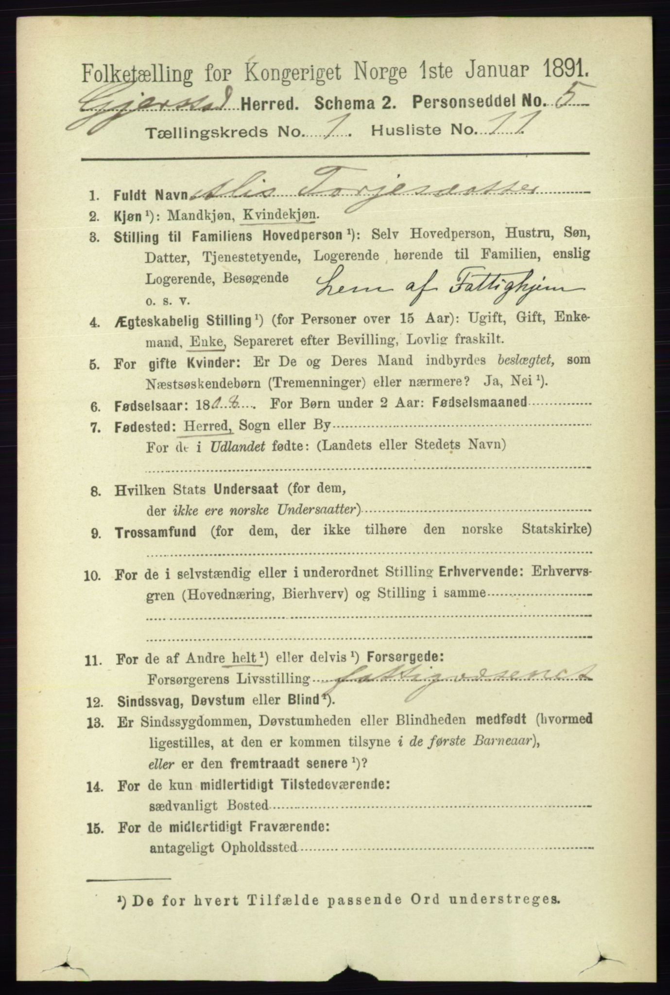 RA, 1891 census for 0911 Gjerstad, 1891, p. 168